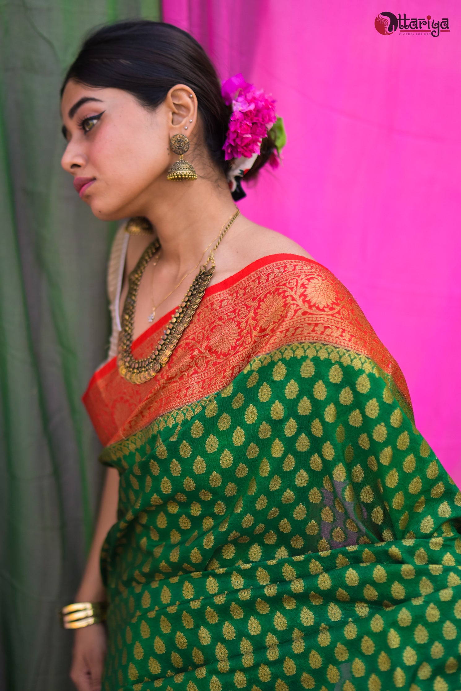 Green Red Banarasi Saree - Uttariya