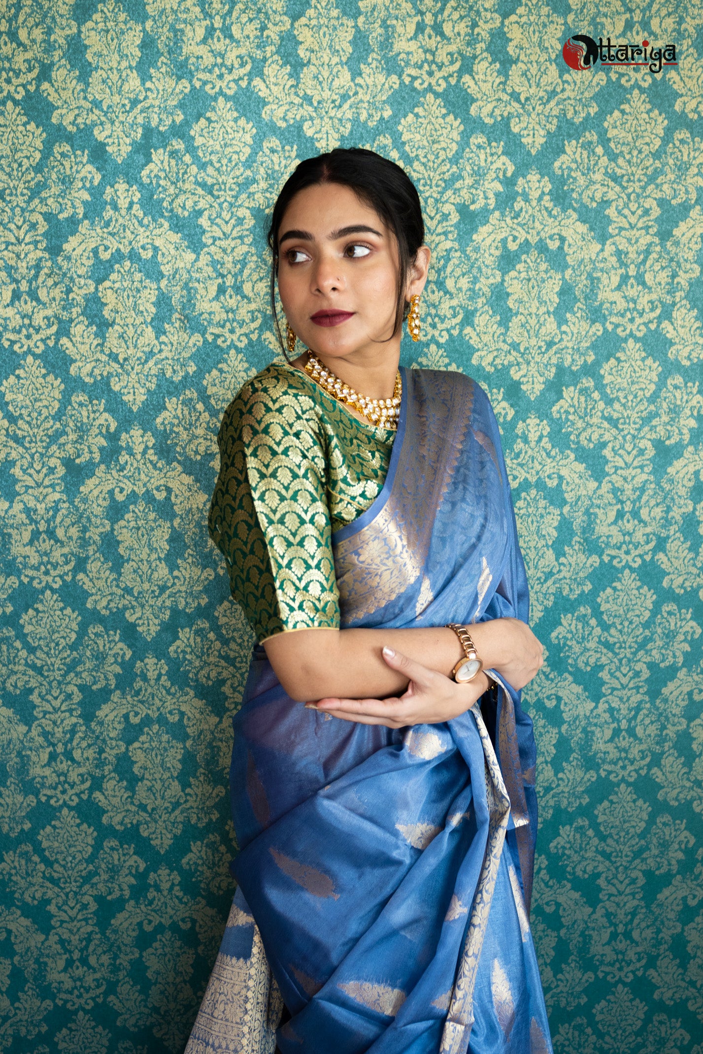 Gray Blue Banaras Silk Saree - Uttariya