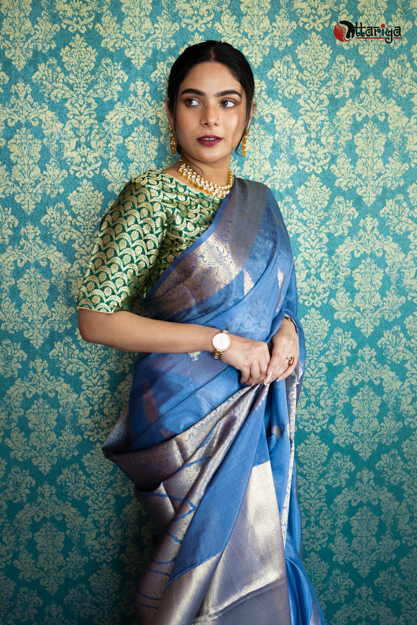 Gray Blue Banaras Silk Saree - Uttariya