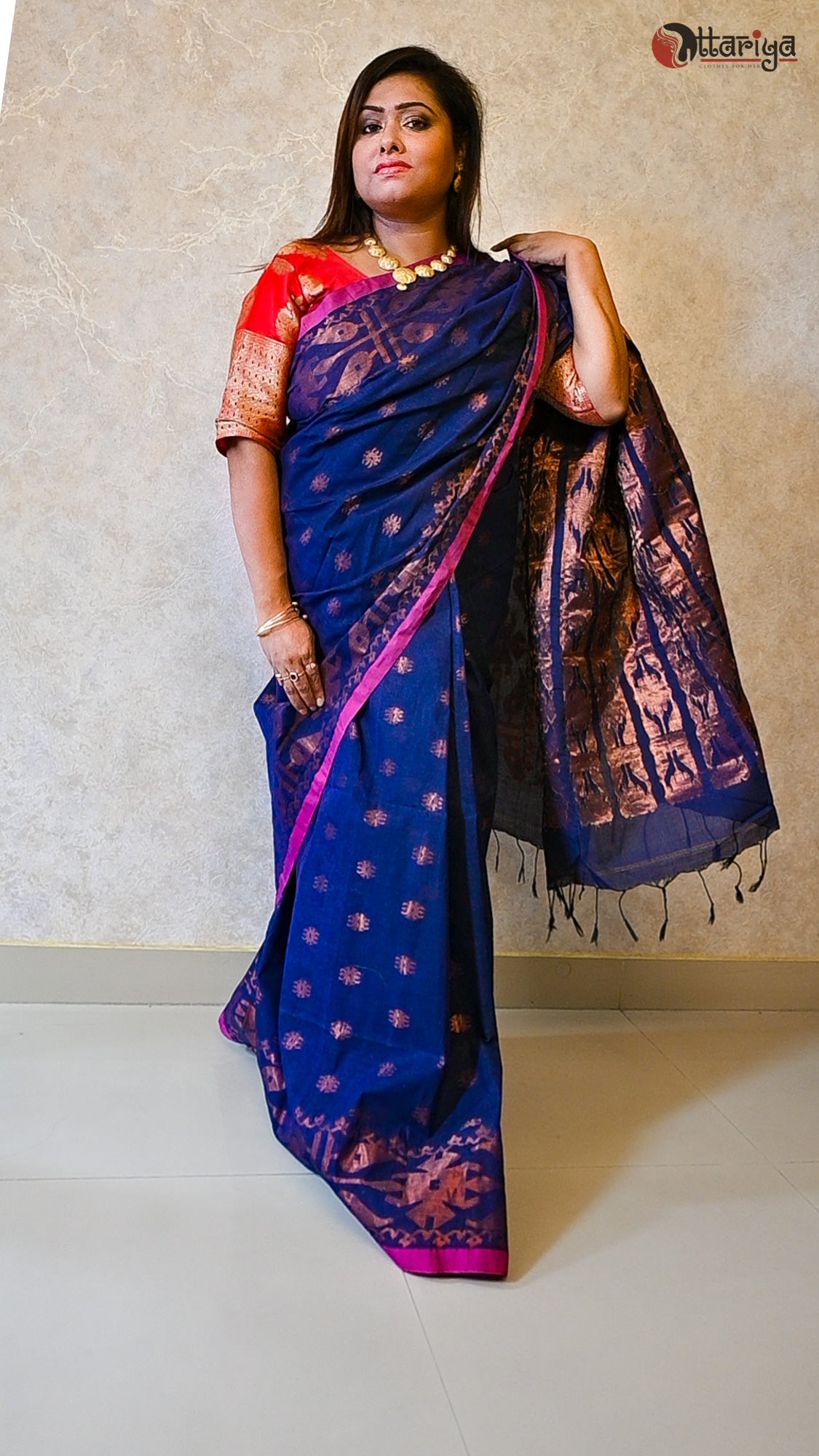 Mid night blue jamdani Saree - Uttariya