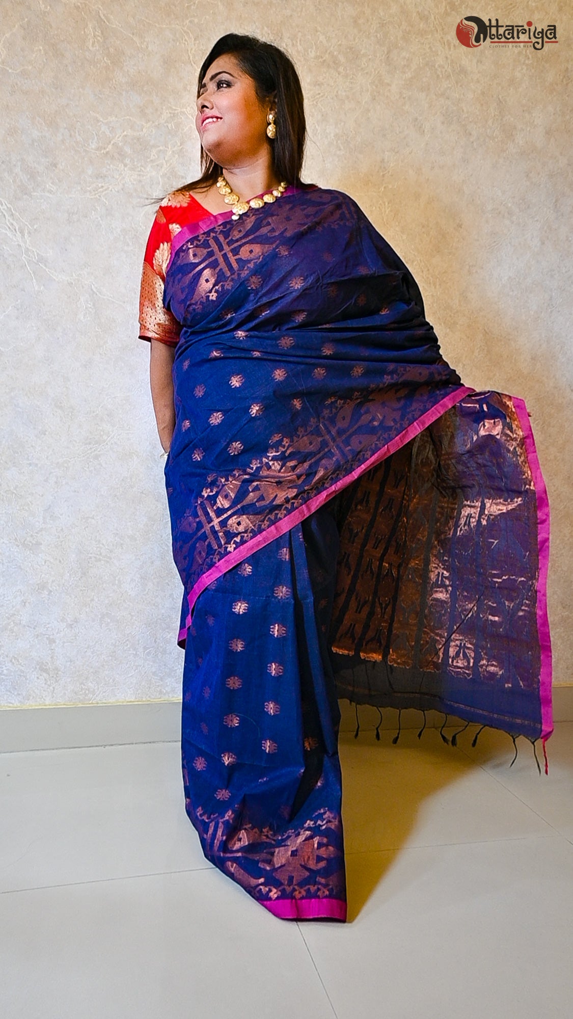 Mid night blue jamdani Saree - Uttariya