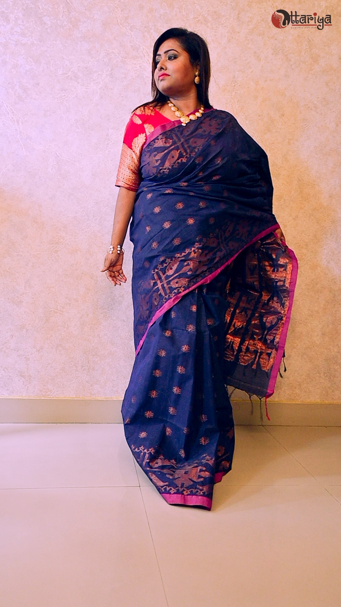 Mid night blue jamdani Saree - Uttariya
