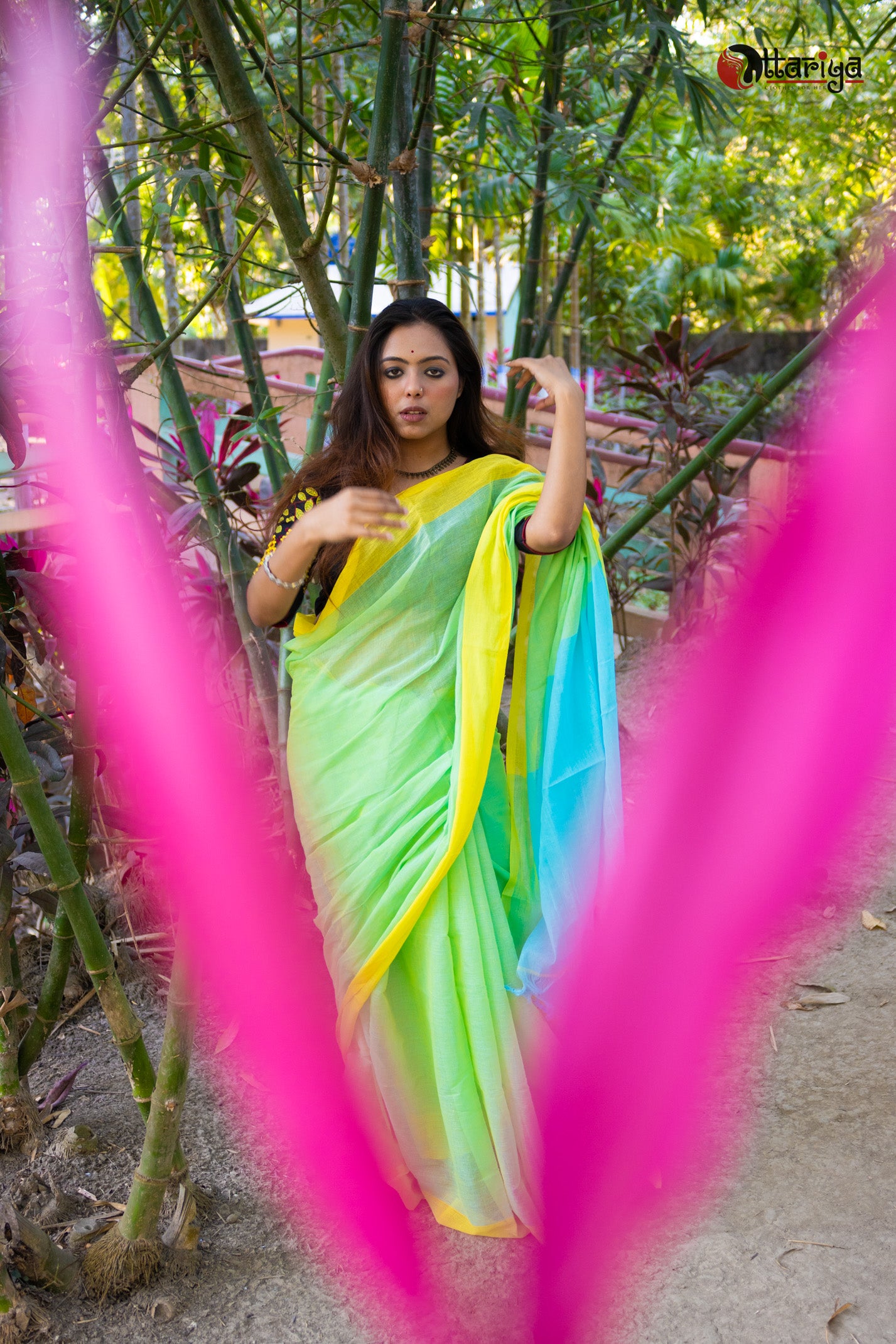 Lime pink bud saree - Uttariya
