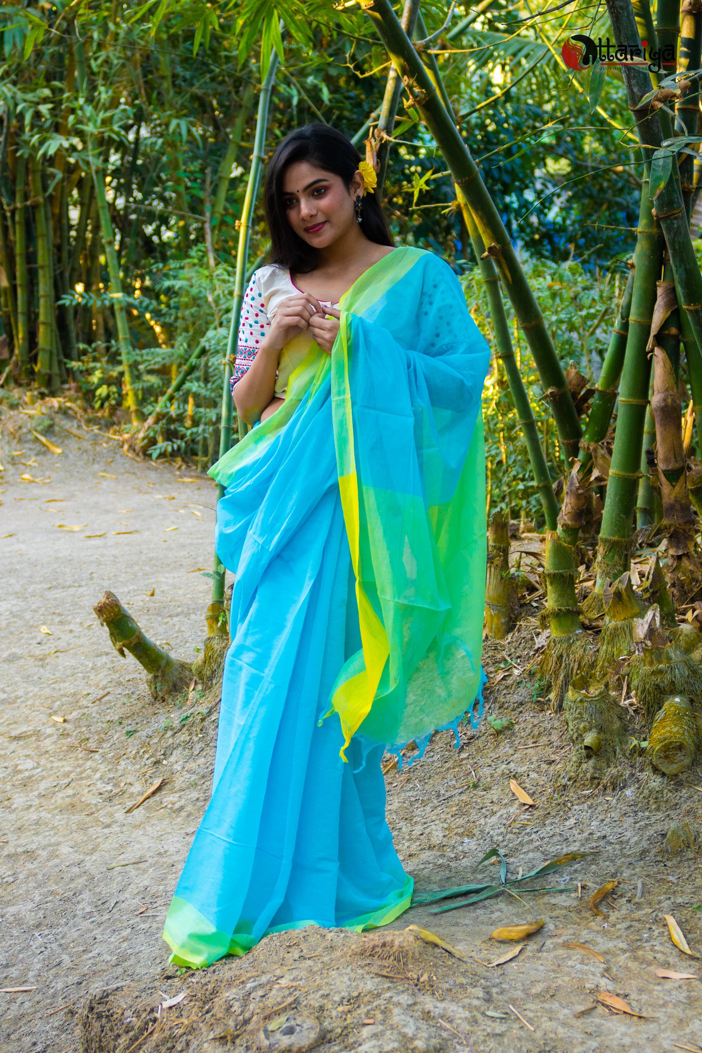 Turquoise rose Saree - Uttariya