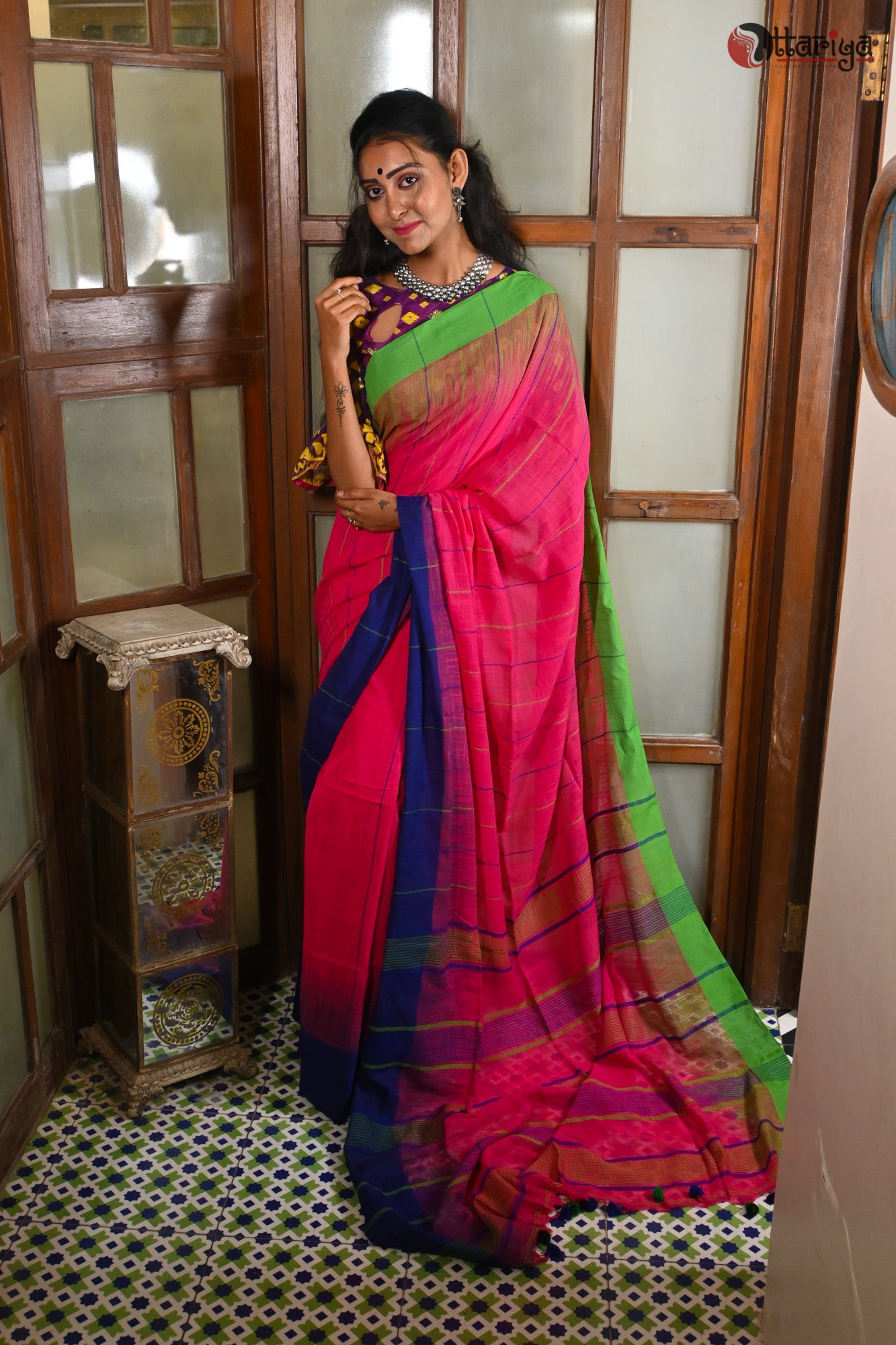 Khadi Magenta Saree - Uttariya