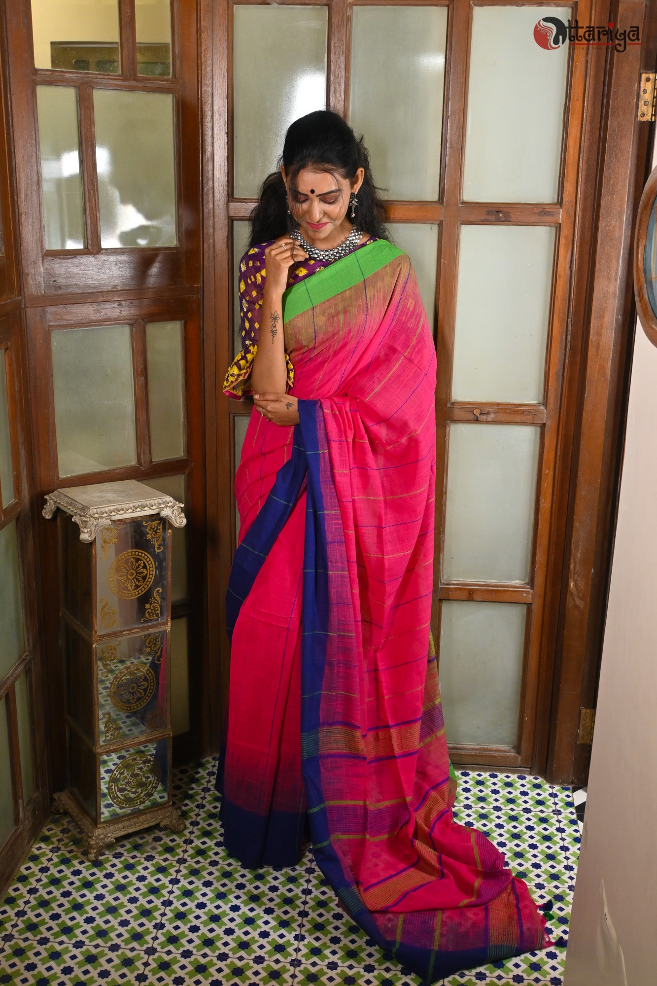 Khadi Magenta Saree - Uttariya
