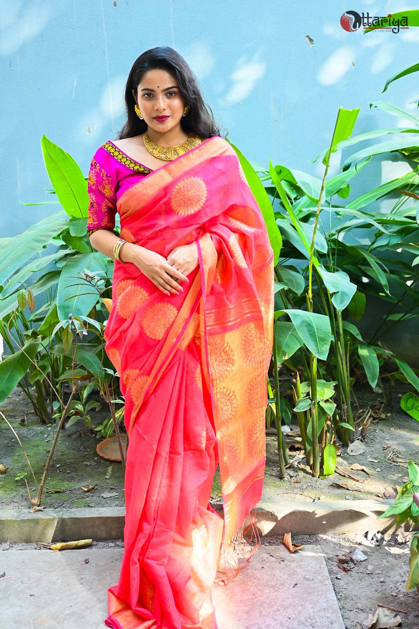 Maheswari SIlk Coral Saree - Uttariya