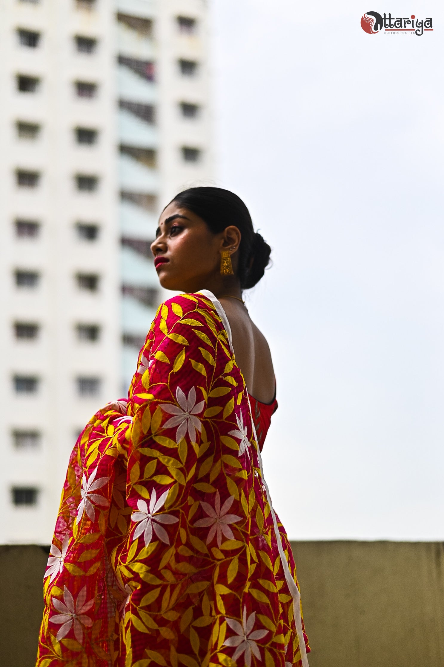 Red yellow Floral Saree - Uttariya