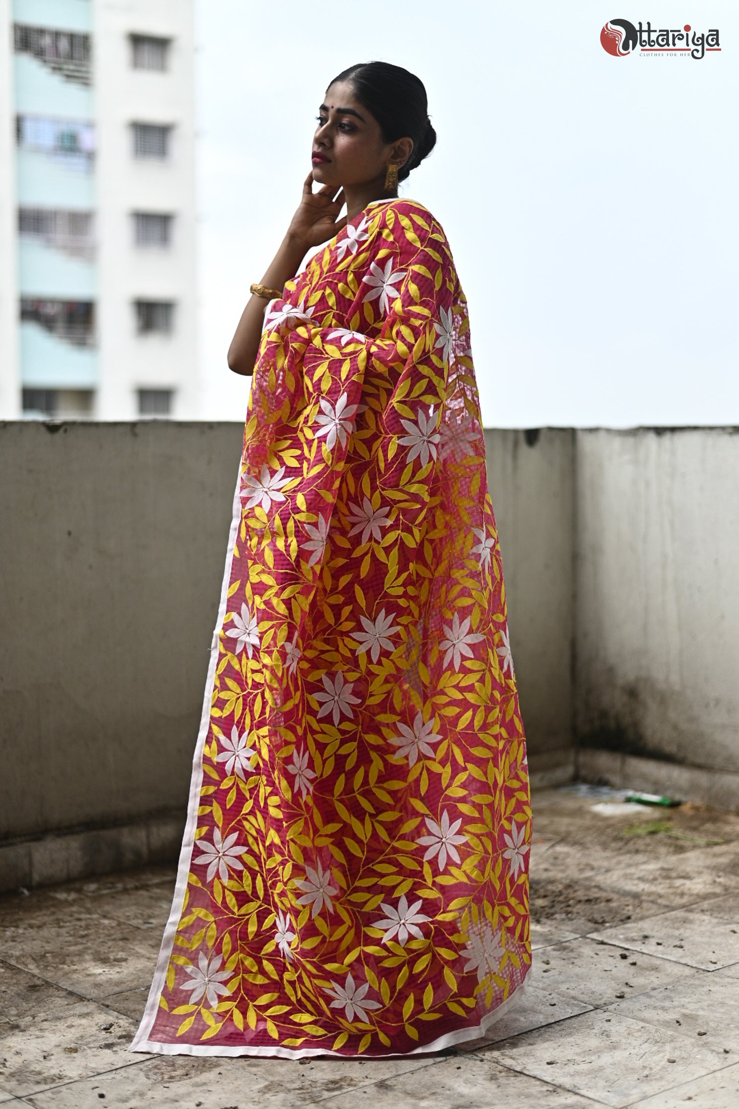 Red yellow Floral Saree - Uttariya