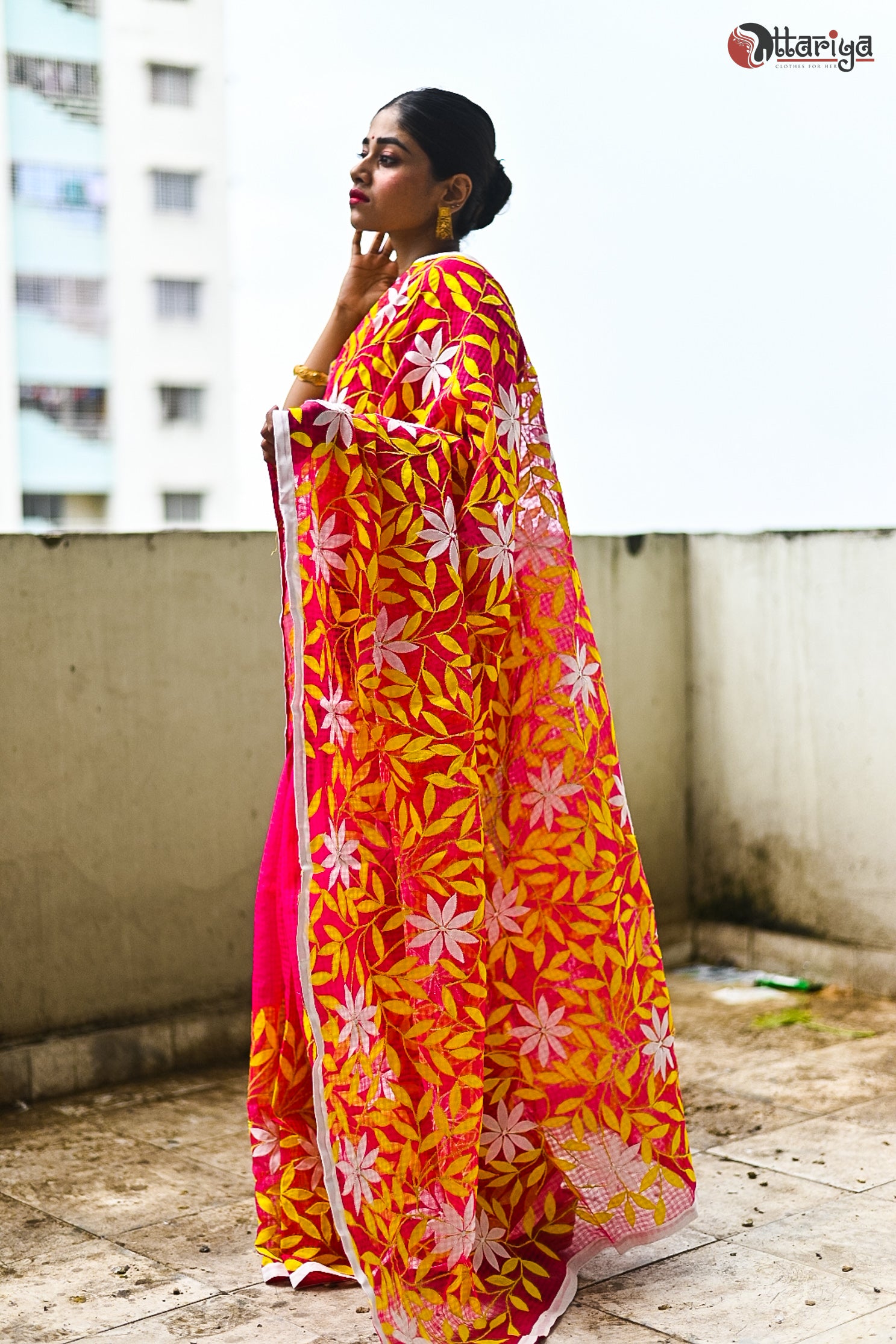Red yellow Floral Saree - Uttariya