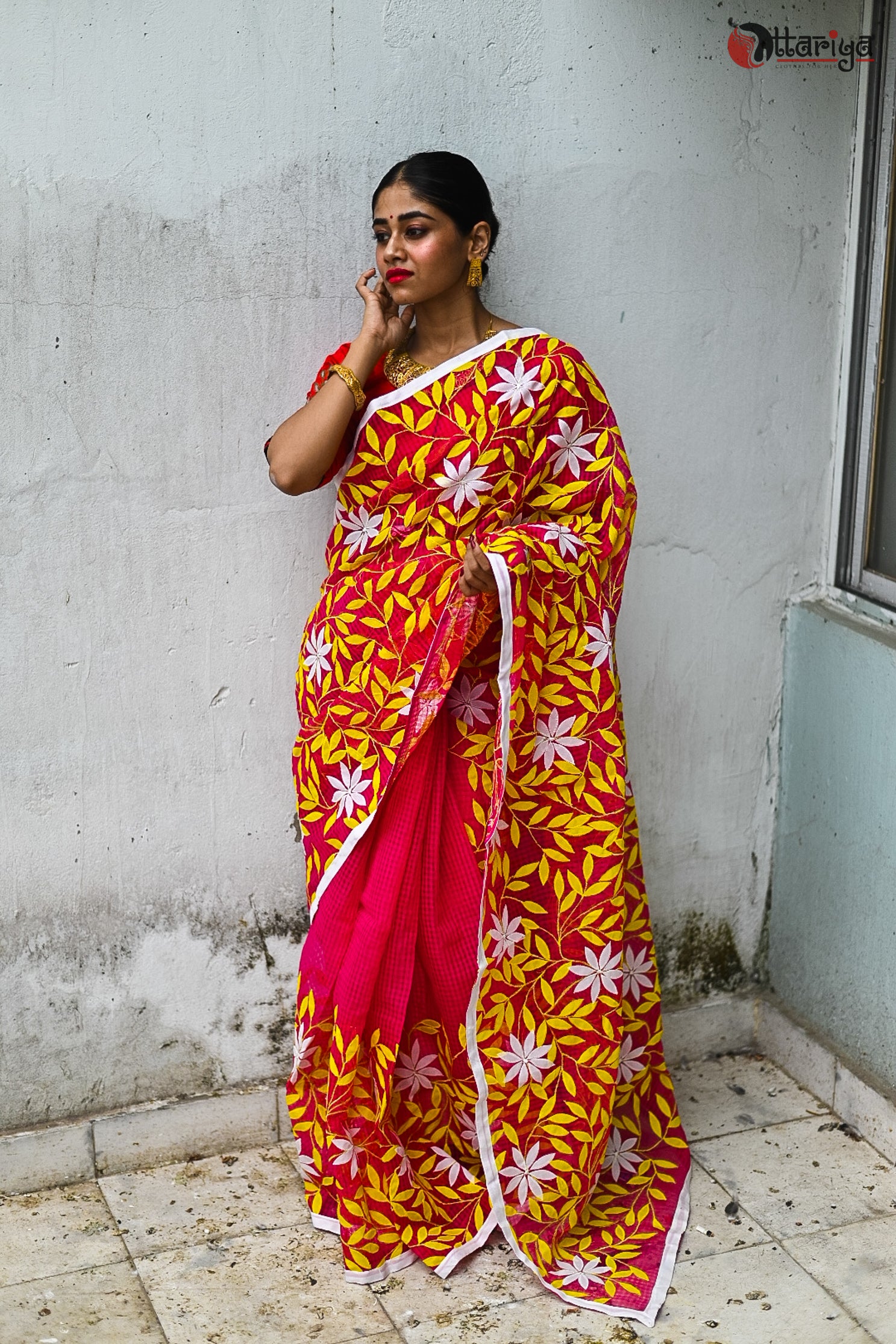 Red yellow Floral Saree - Uttariya