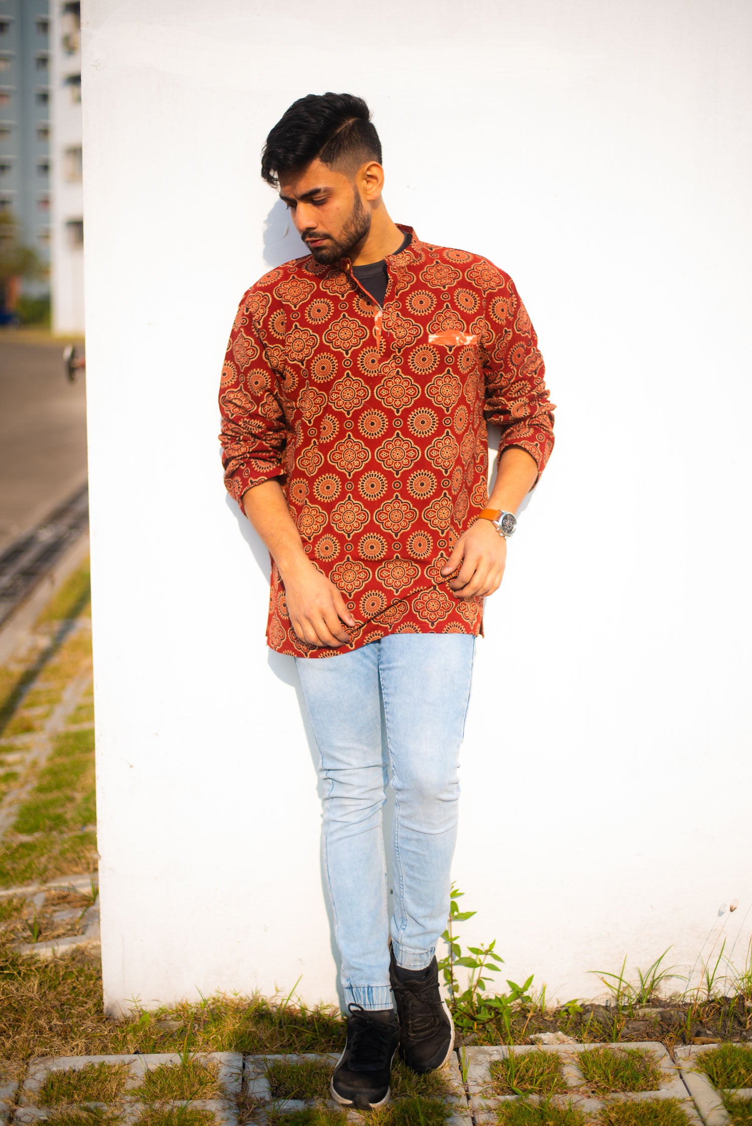 Red Pure Handloom Cotton Ajji Kurta - Uttariya