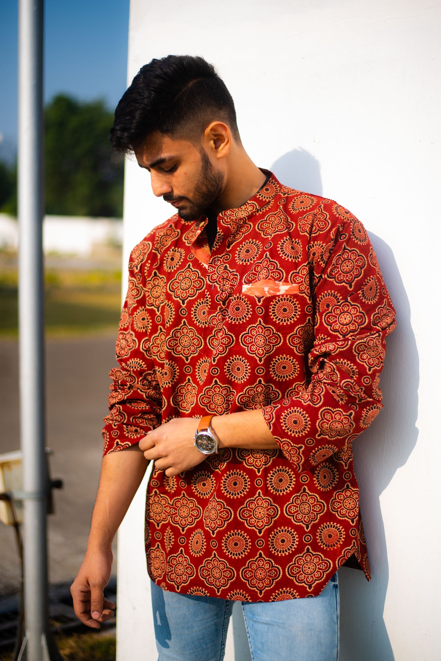 Red Pure Handloom Cotton Ajji Kurta - Uttariya