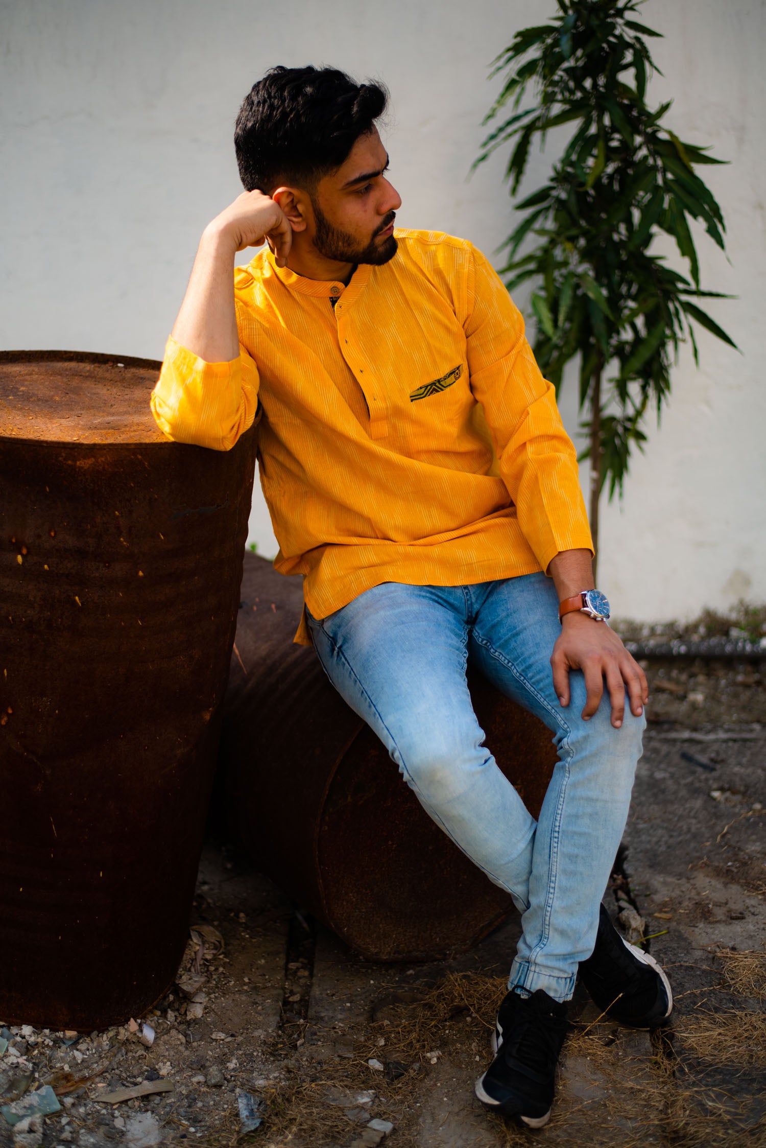 Handloom Lime Ikkat Kurta - Uttariya