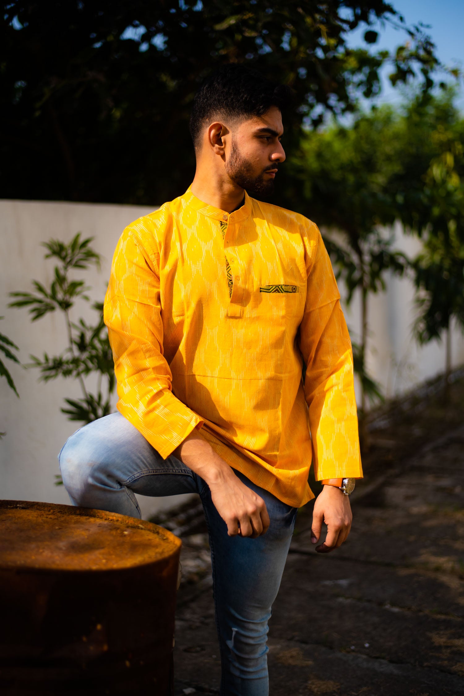 Handloom Lime Ikkat Kurta - Uttariya