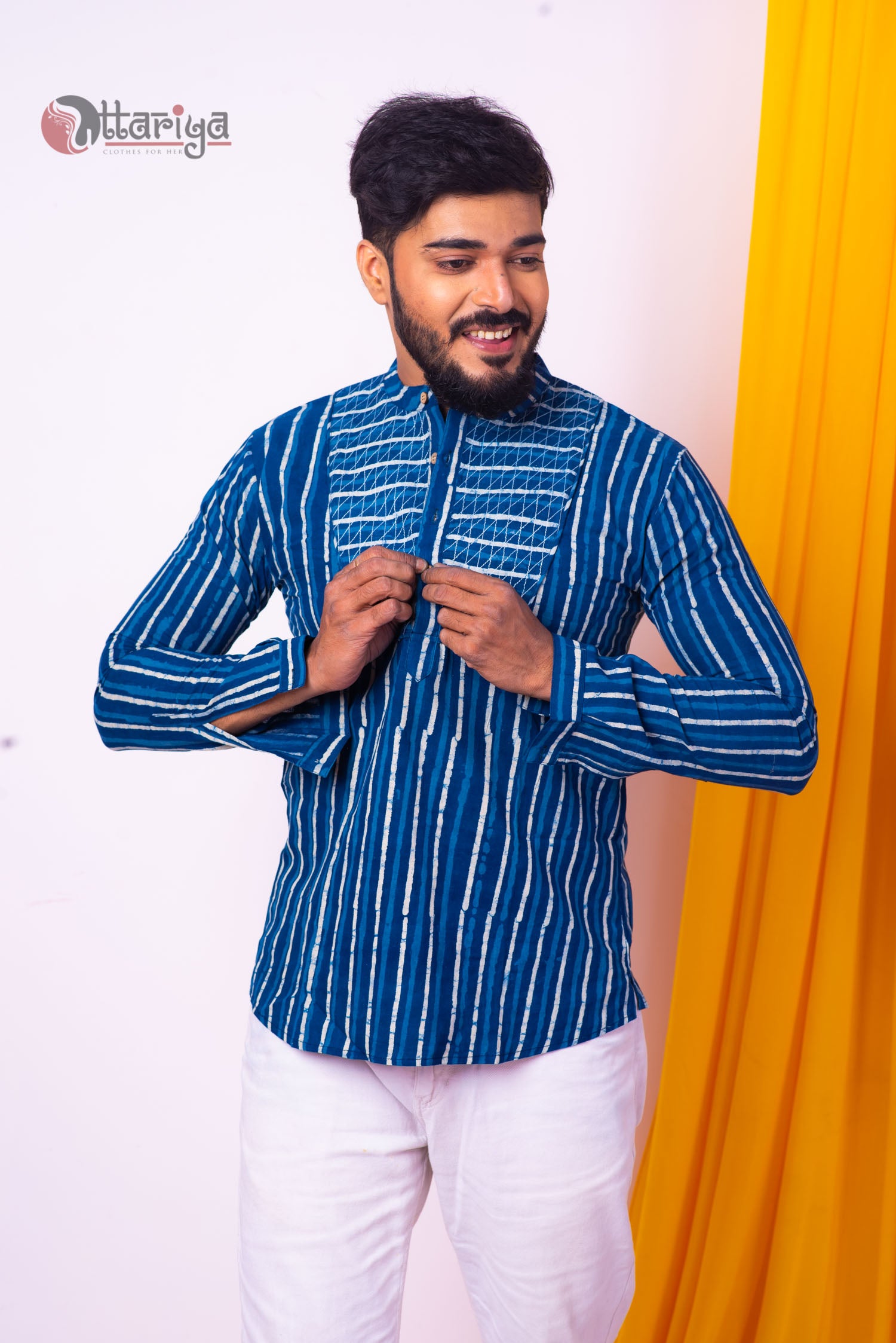 Handloom Cotton Indigo Kurta - Uttariya
