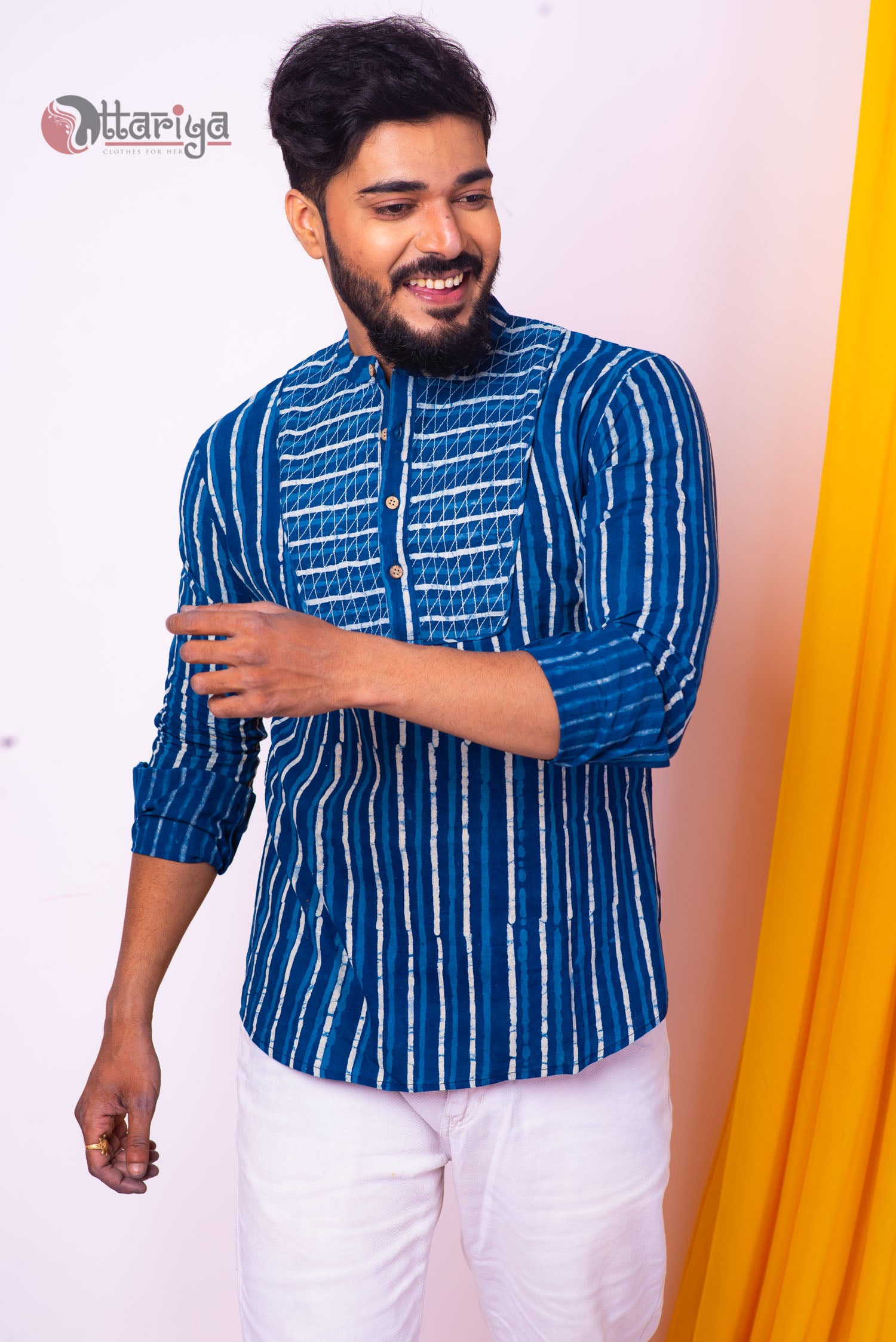 Handloom Cotton Indigo Kurta - Uttariya