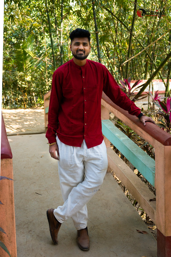 Maroon Khadi Mandarain Shirt - Uttariya