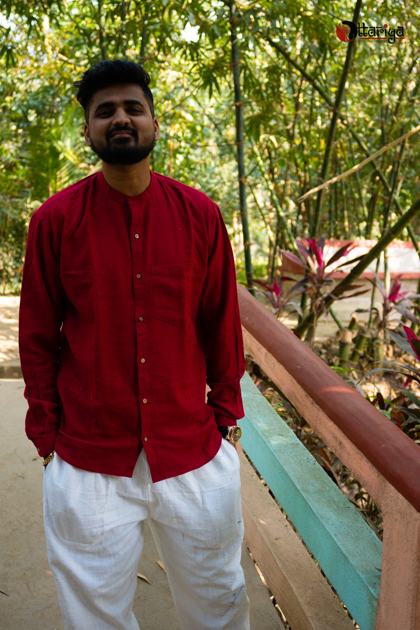 Maroon Khadi Mandarain Shirt - Uttariya