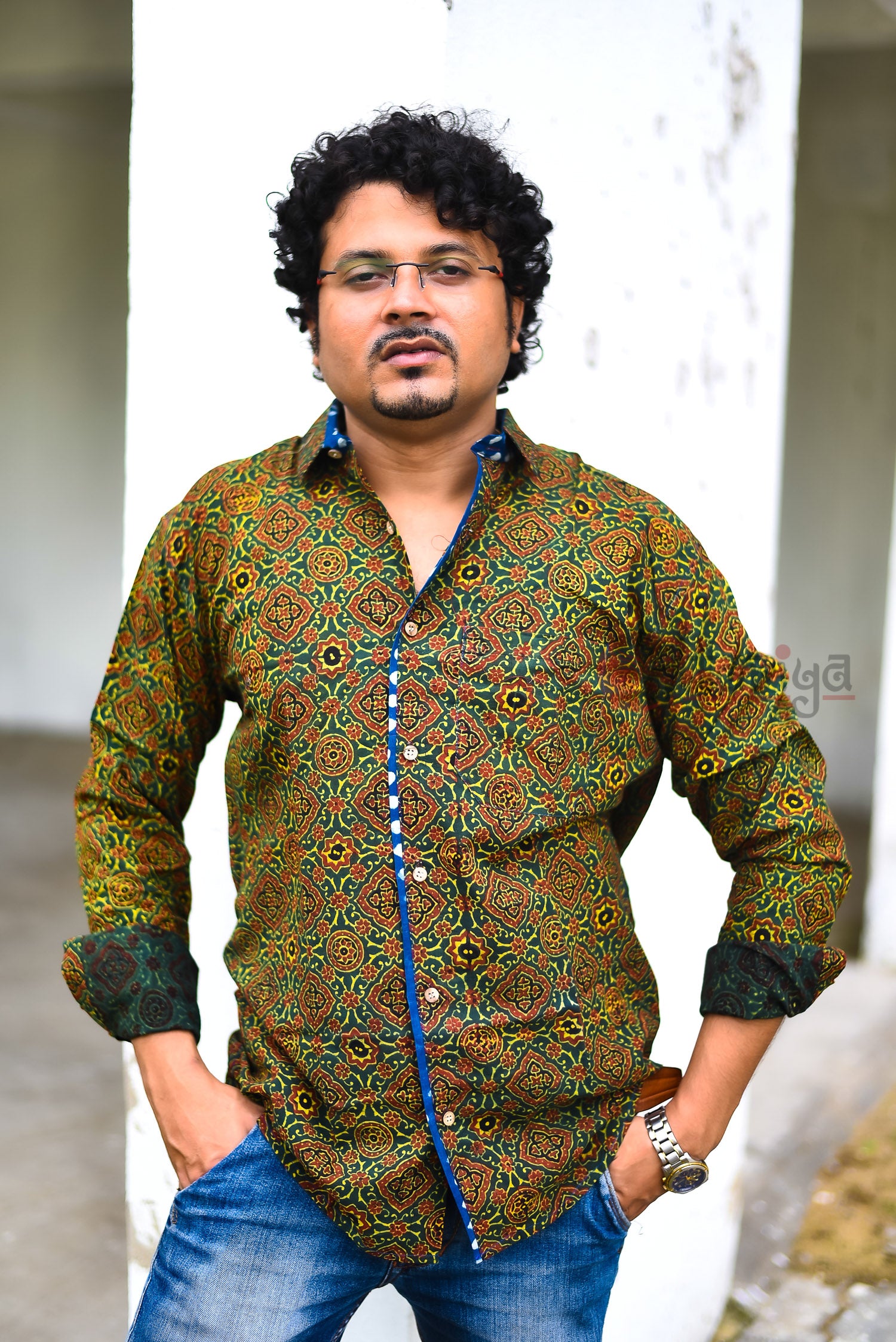 Green Yellow Mixed Handloom Shirt - Uttariya