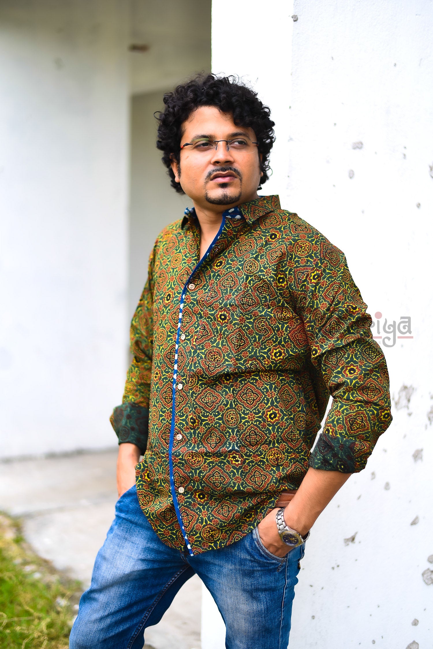 Green Yellow Mixed Handloom Shirt - Uttariya