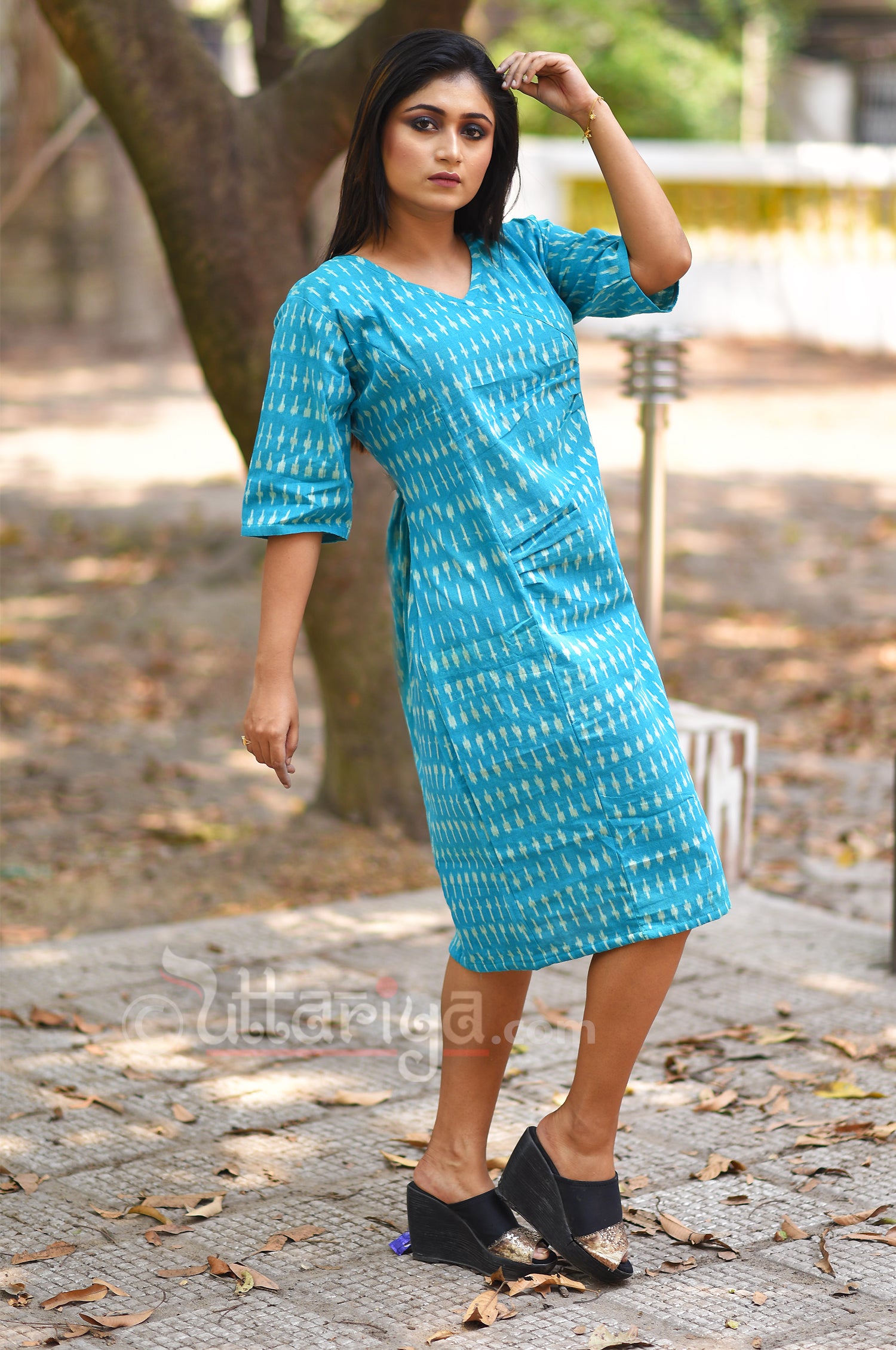 Ikkat dress in sea blue - Uttariya