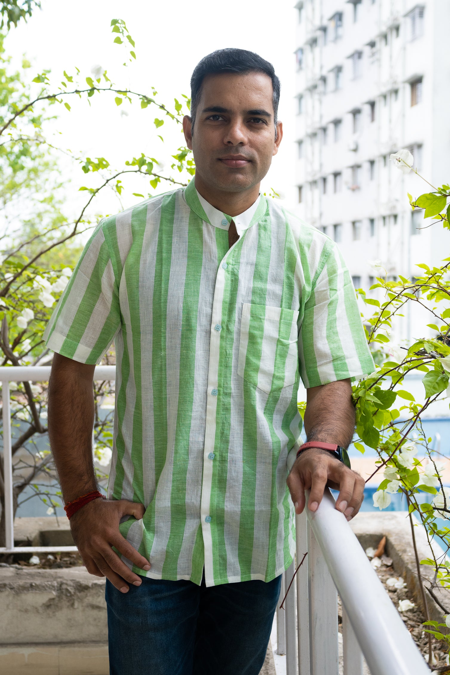 Handloom cool green stripe short sleeve shirt