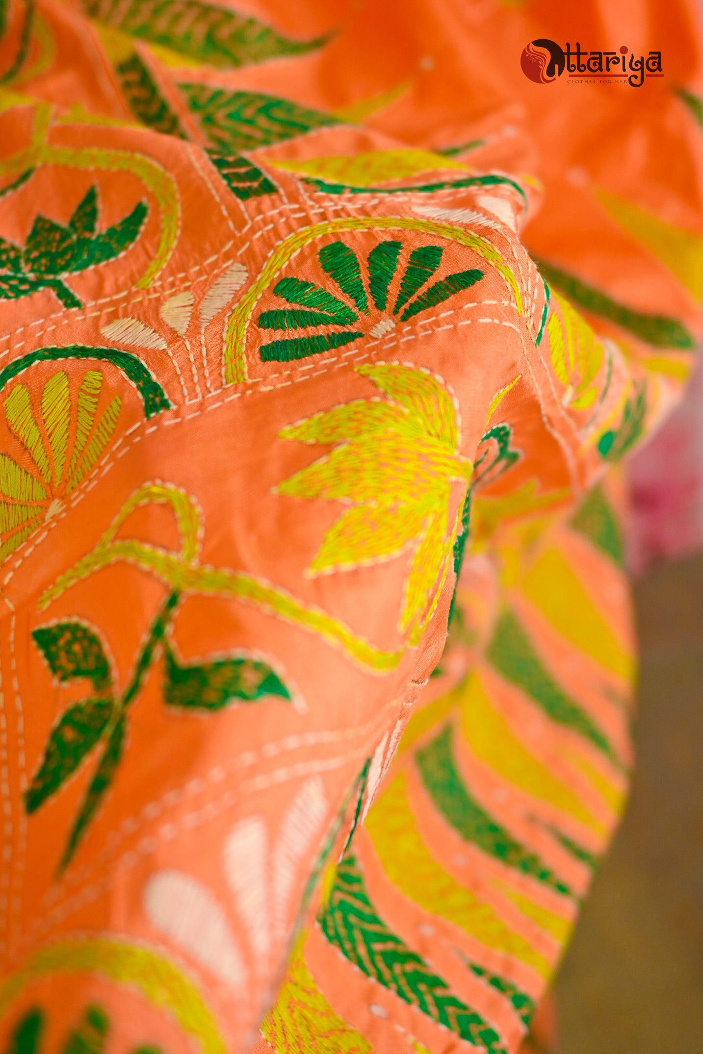 Peach Katha silk saree - Uttariya