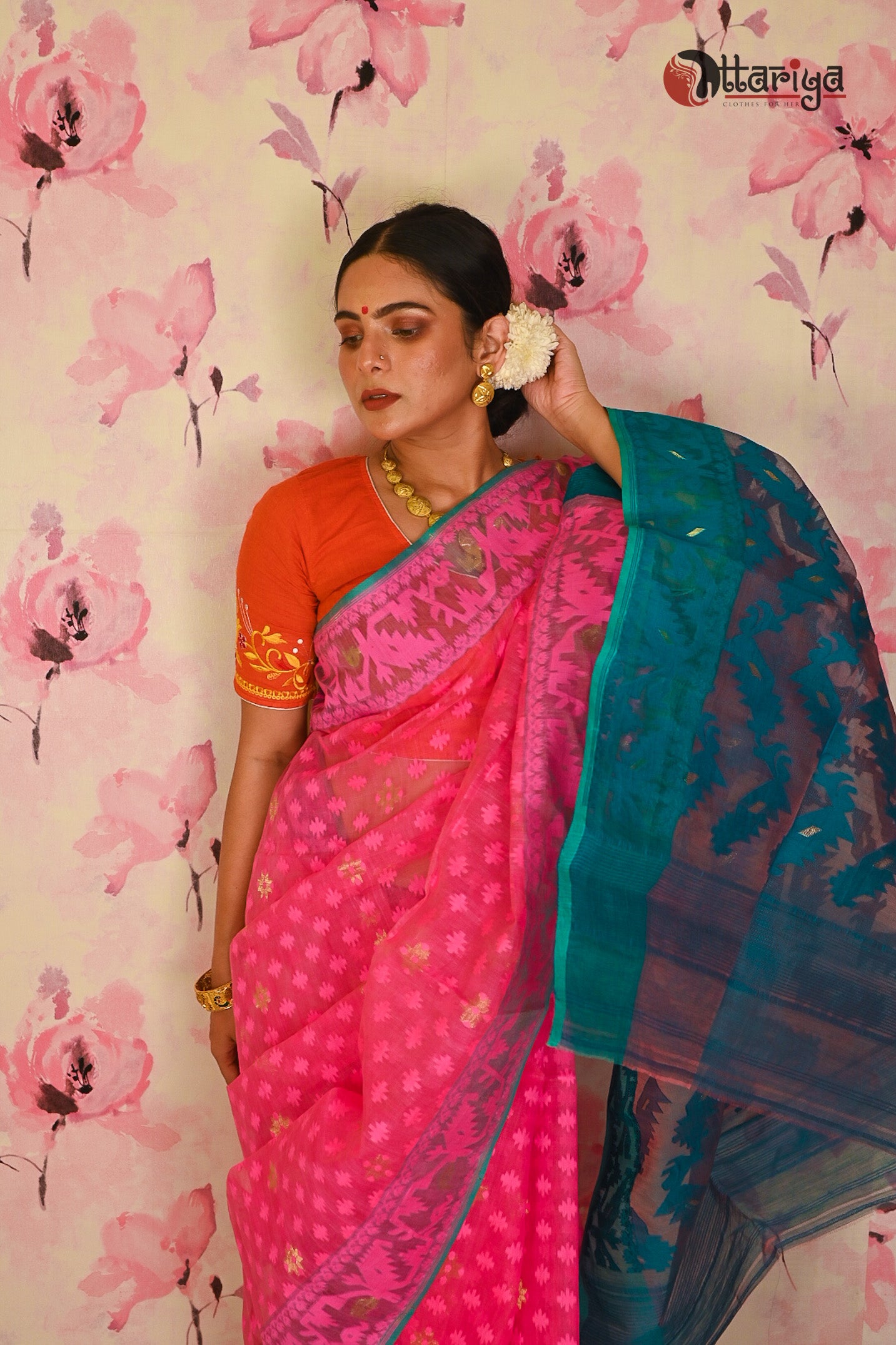 Pinky pure maslin jamdani saree - Uttariya