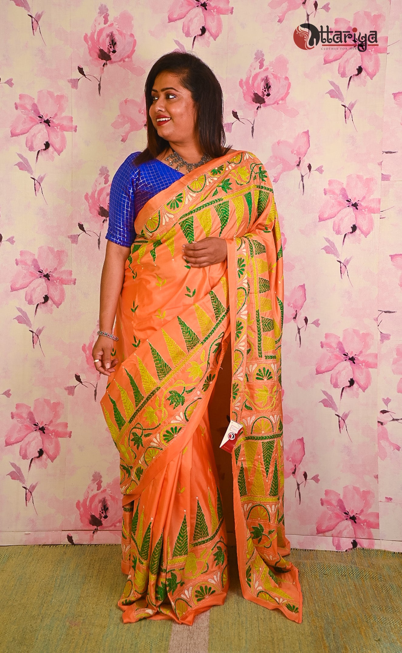 Peach Katha silk saree - Uttariya