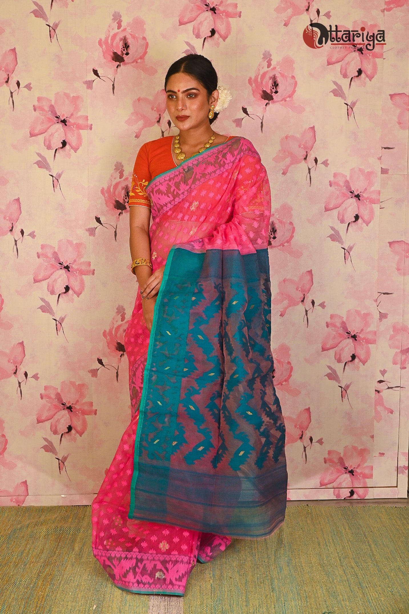 Pinky pure maslin jamdani saree - Uttariya