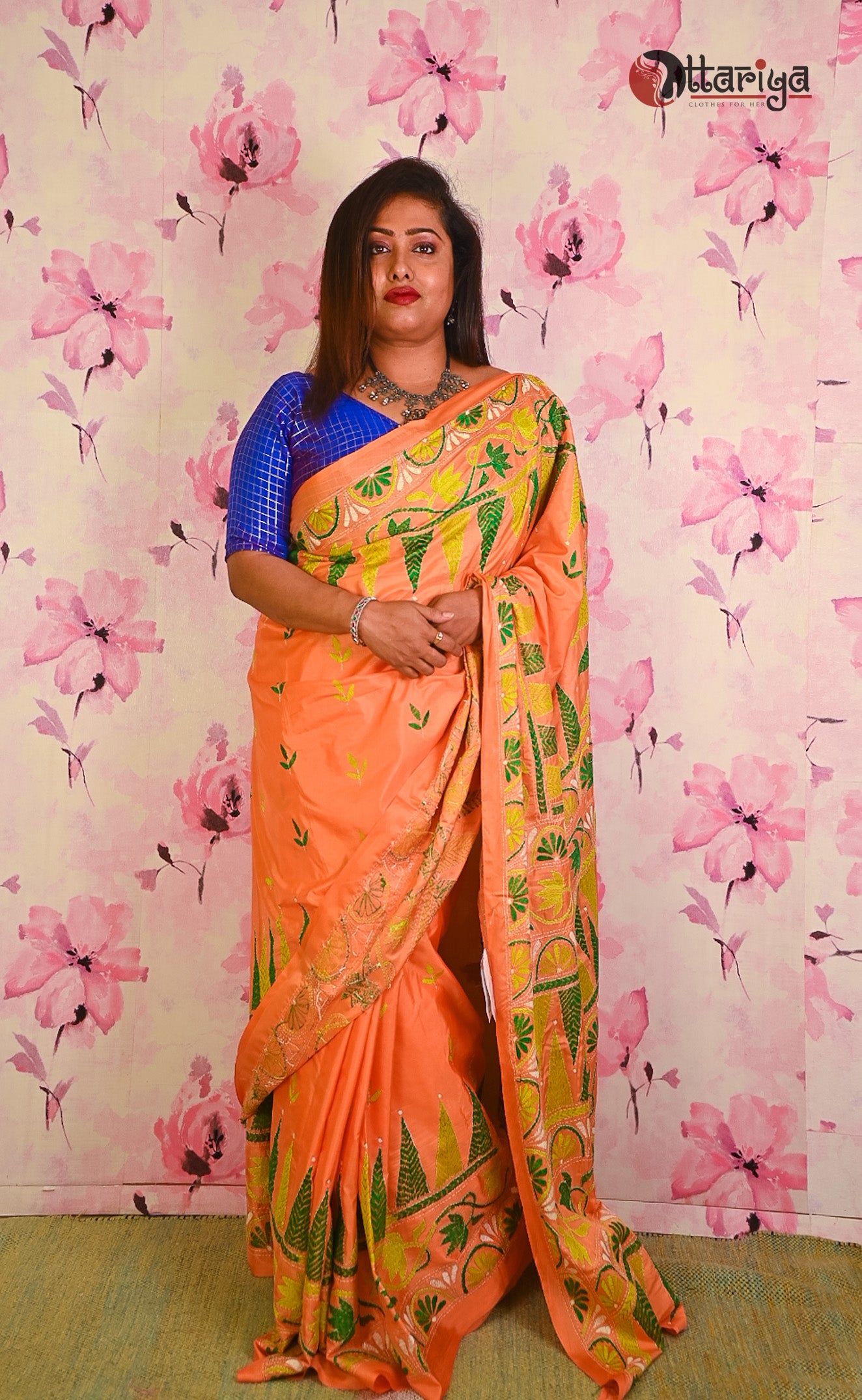 Peach Katha silk saree - Uttariya