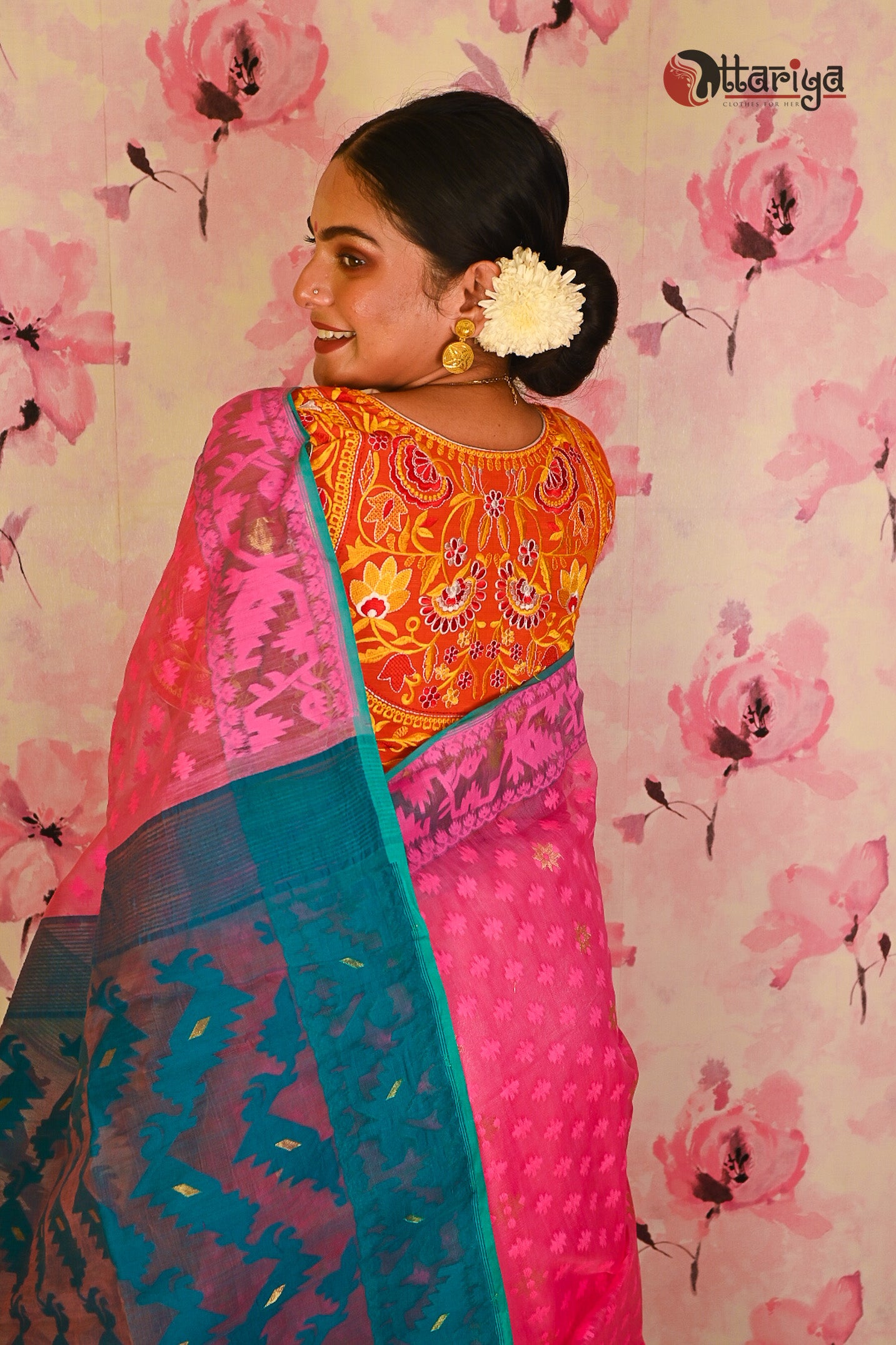 Pinky pure maslin jamdani saree - Uttariya