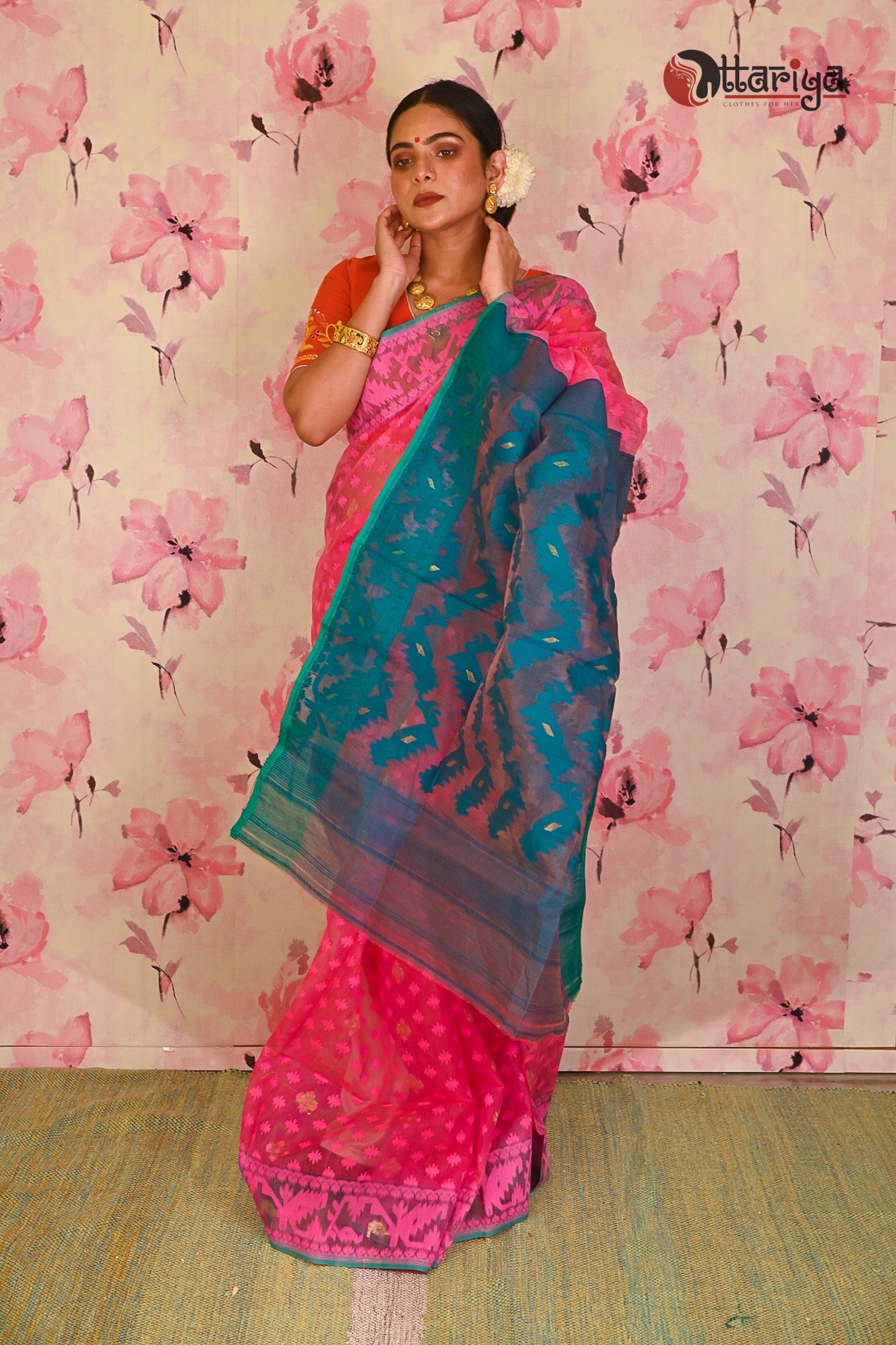 Pinky pure maslin jamdani saree - Uttariya