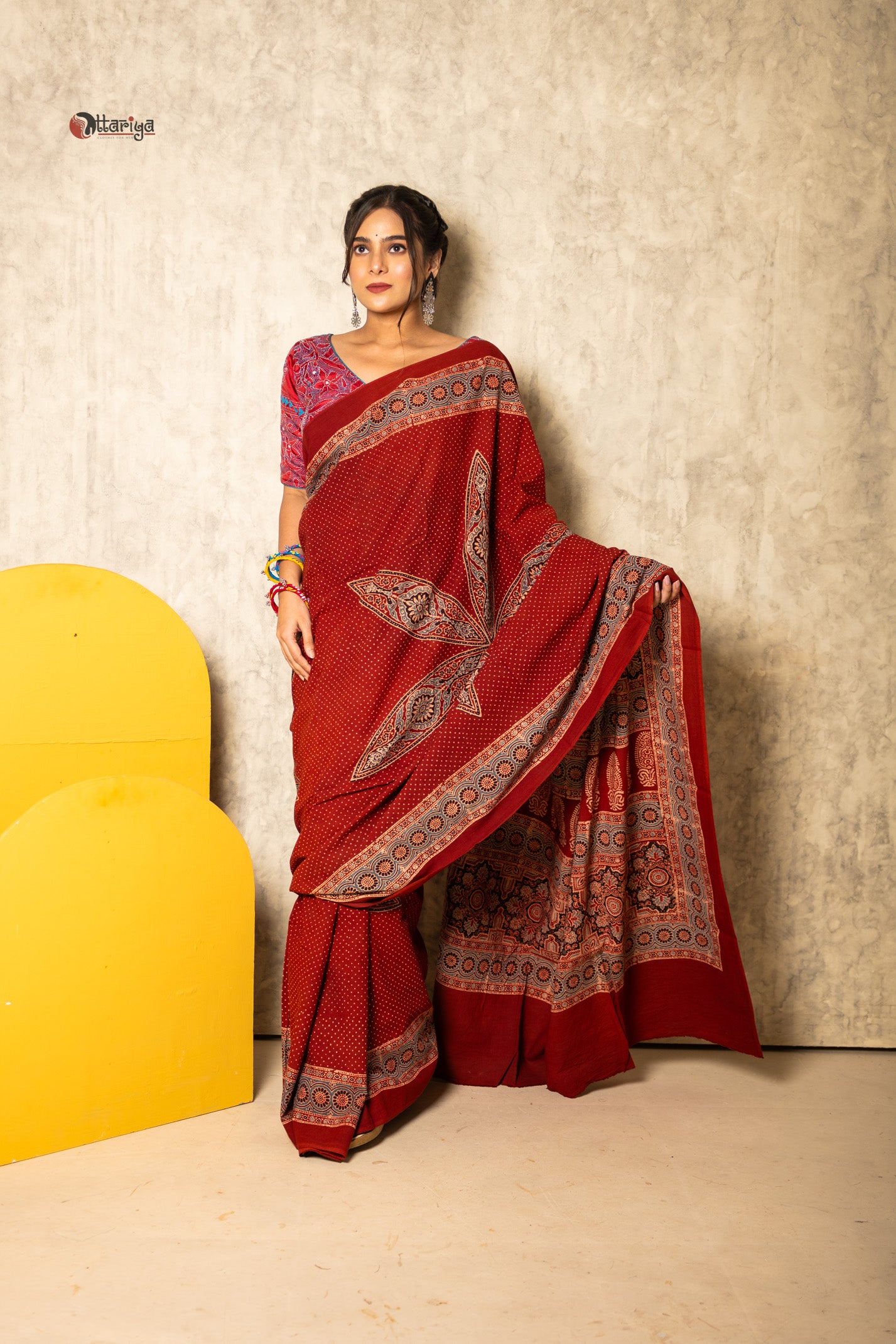 Wood ajrakh Saree