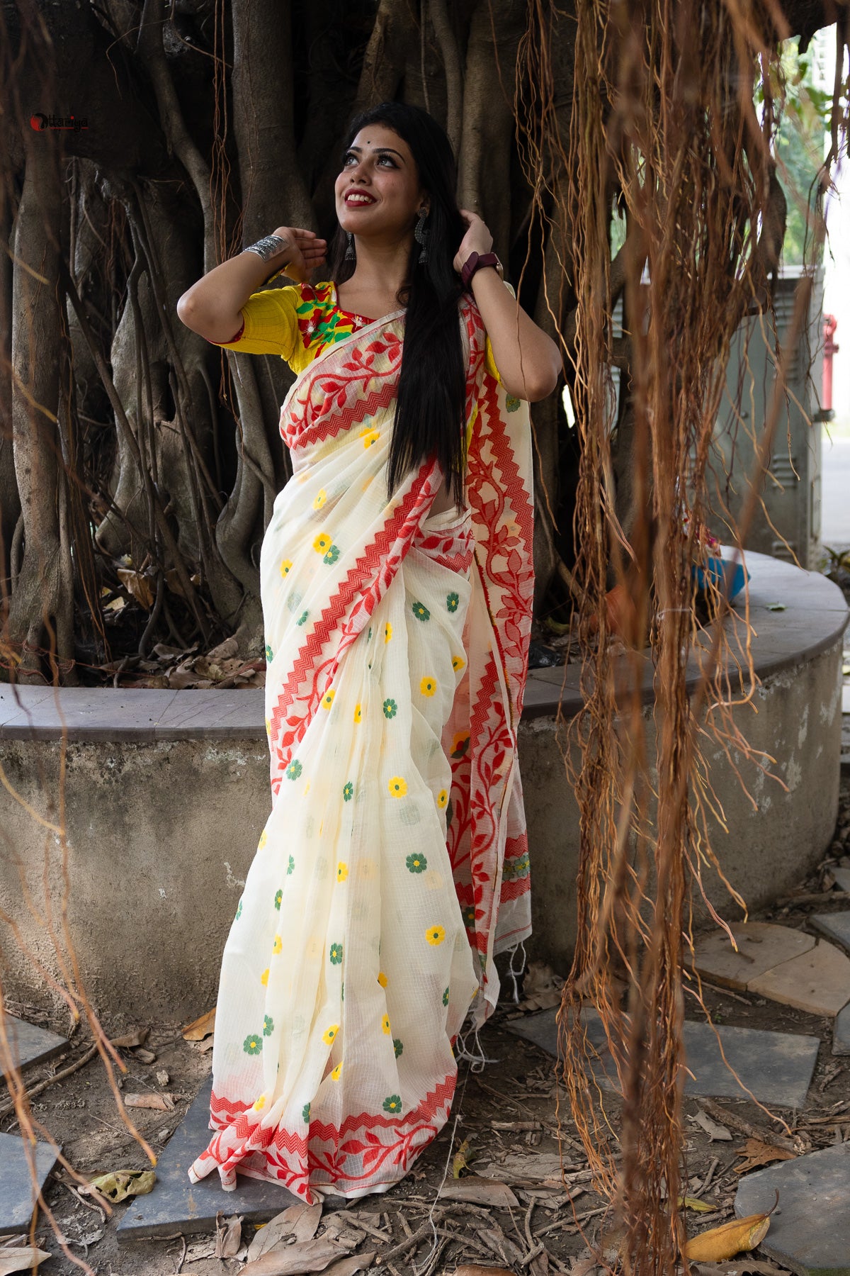 Khadi Jamdani Saree in red white