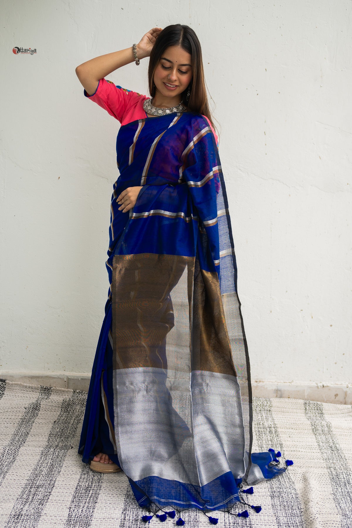 Royal blue Zari Stripe Handloom Saree