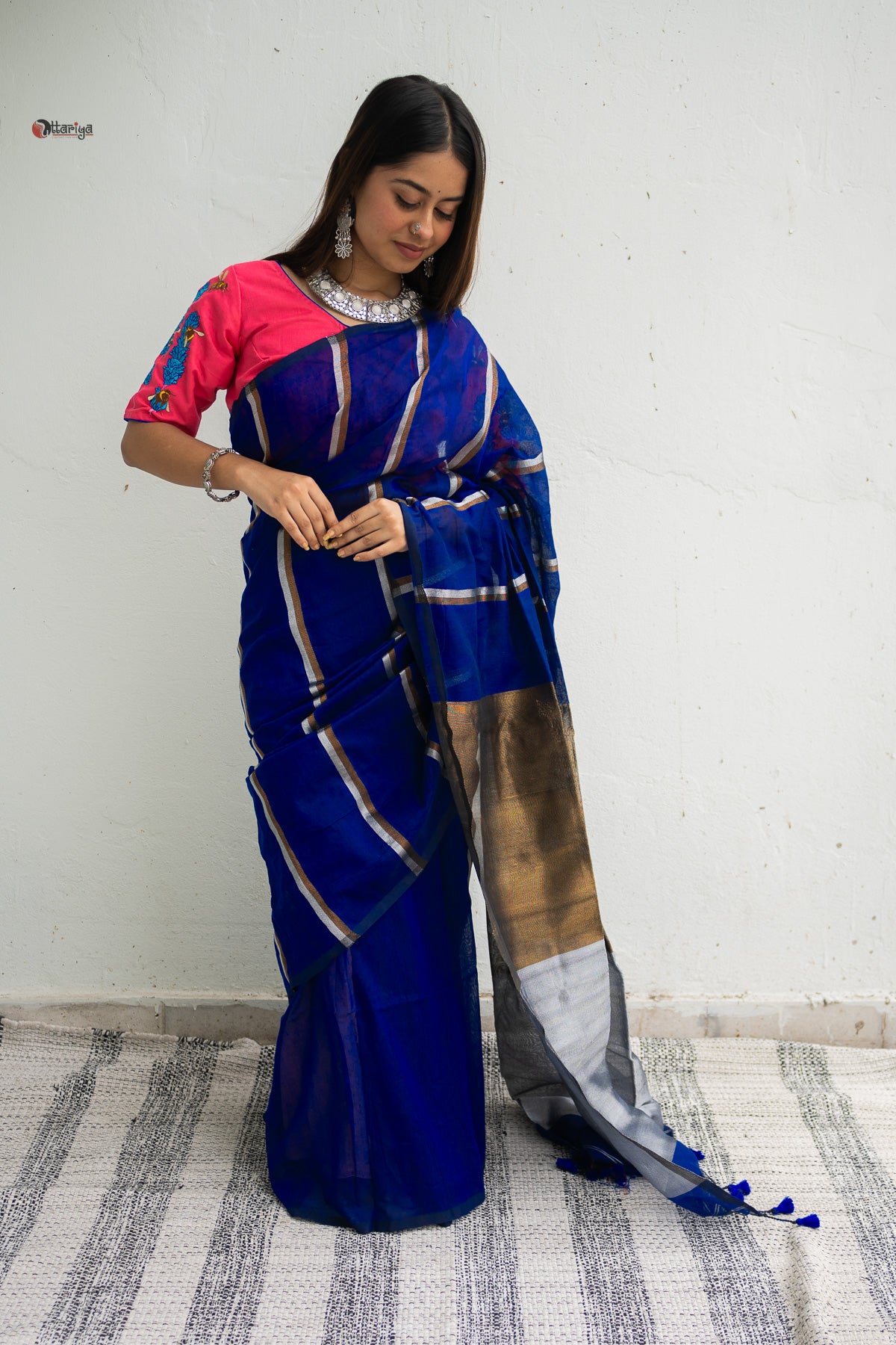 Royal blue Zari Stripe Handloom Saree