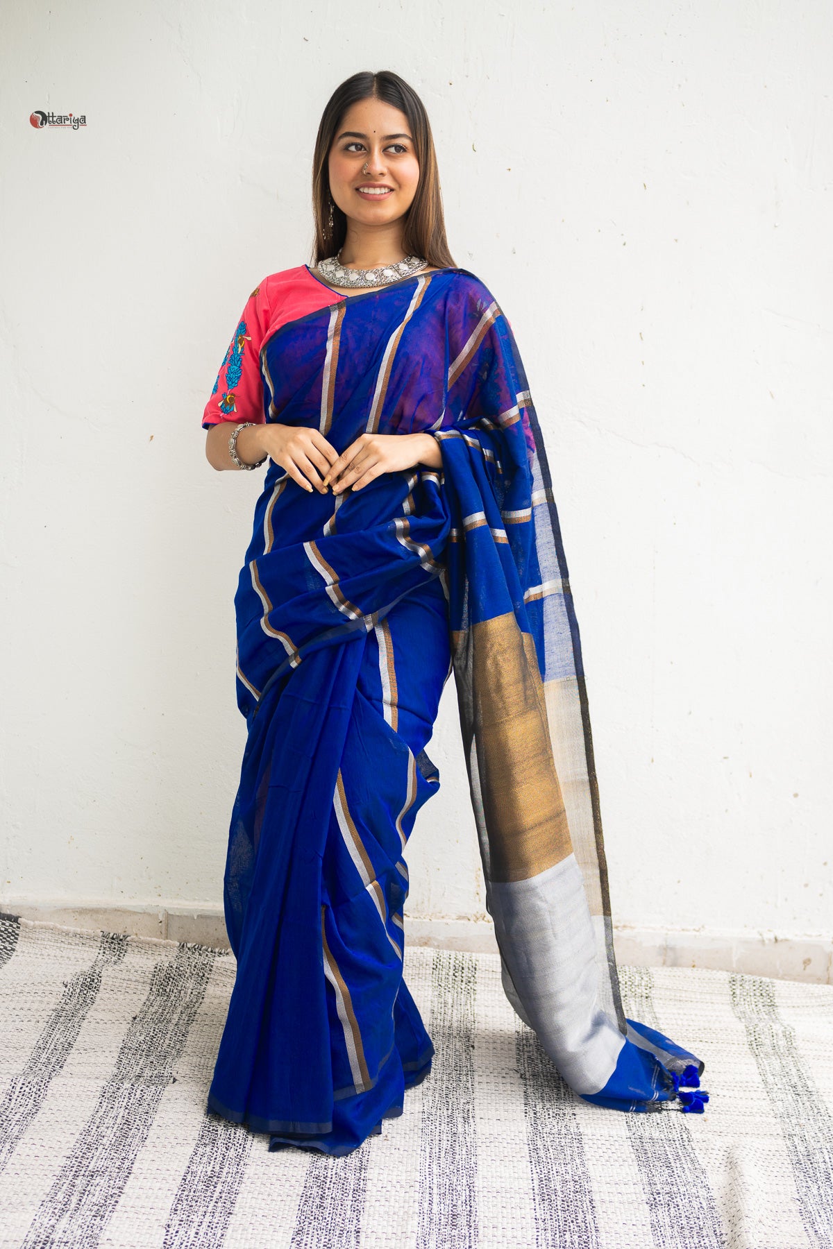 Royal blue Zari Stripe Handloom Saree