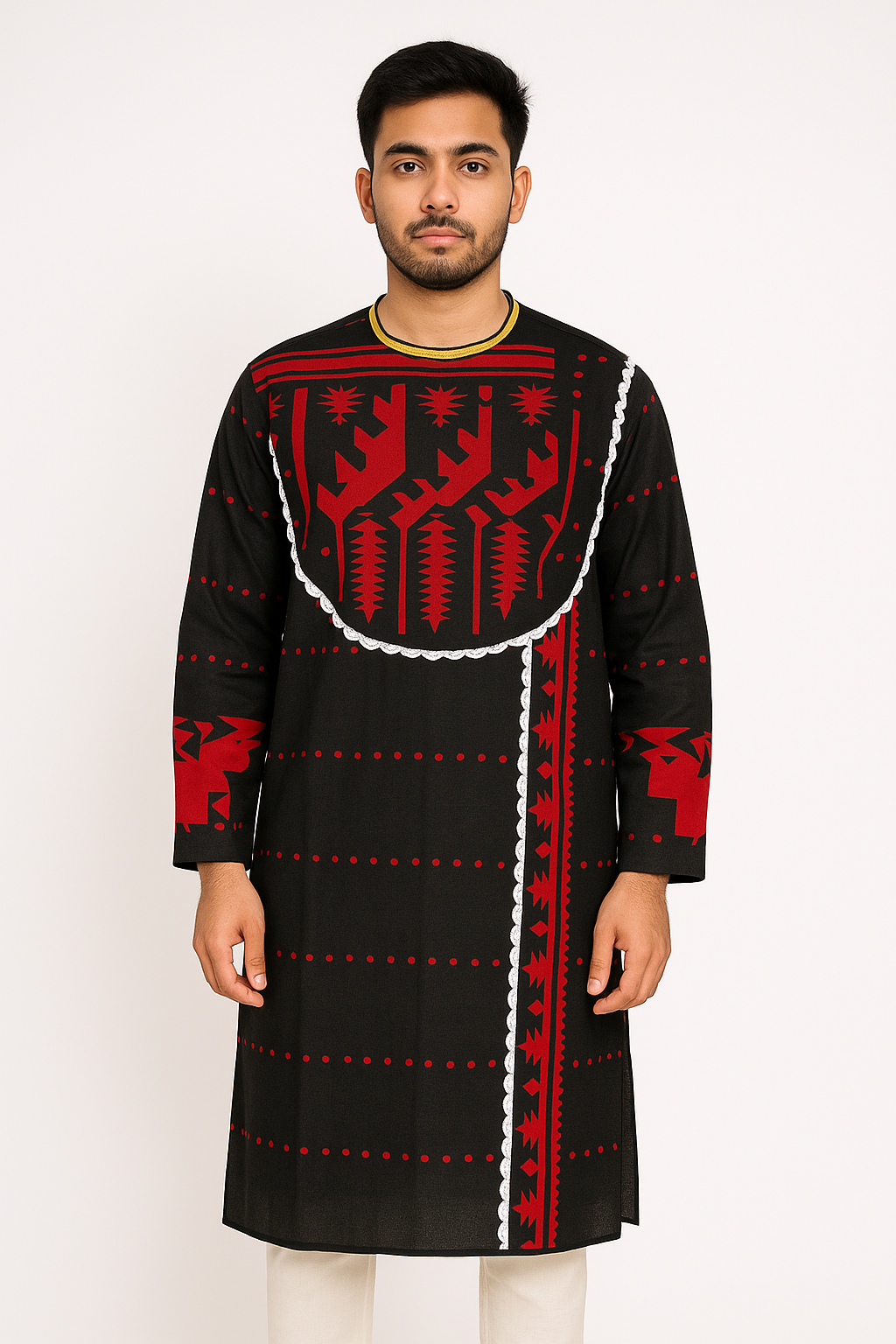Jamdani long Kurta red black
