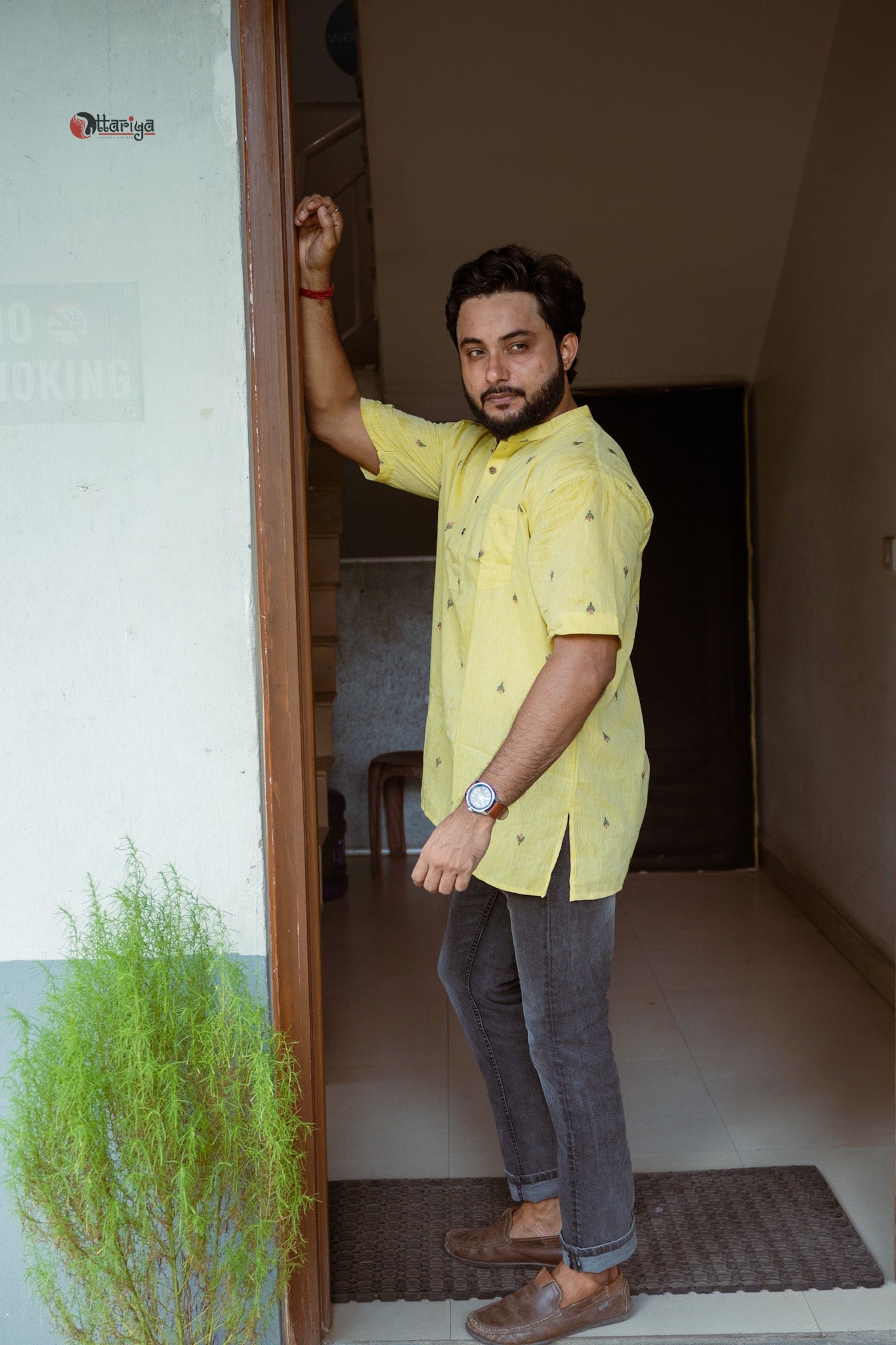 Lime short kurta in Jamdani