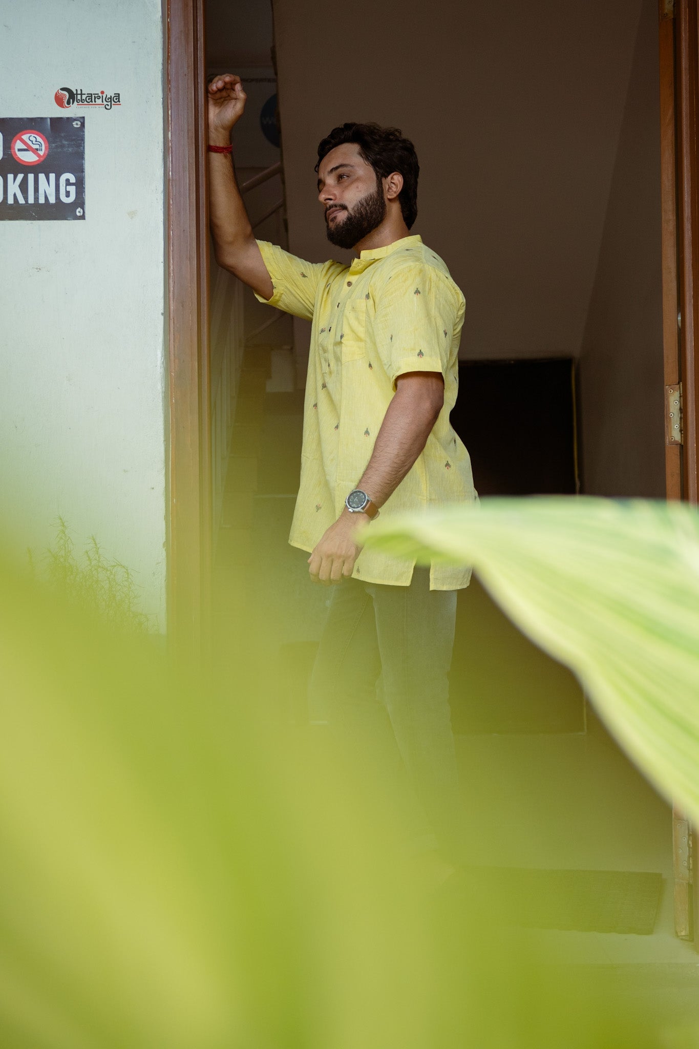 Lime short kurta in Jamdani