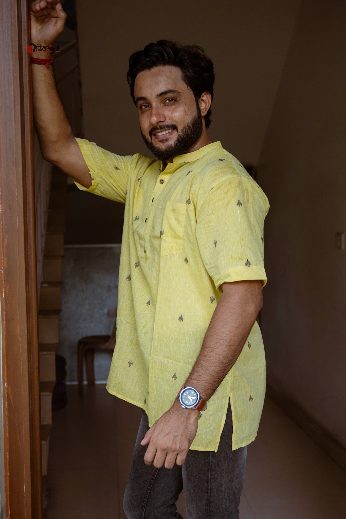 Lime short kurta in Jamdani