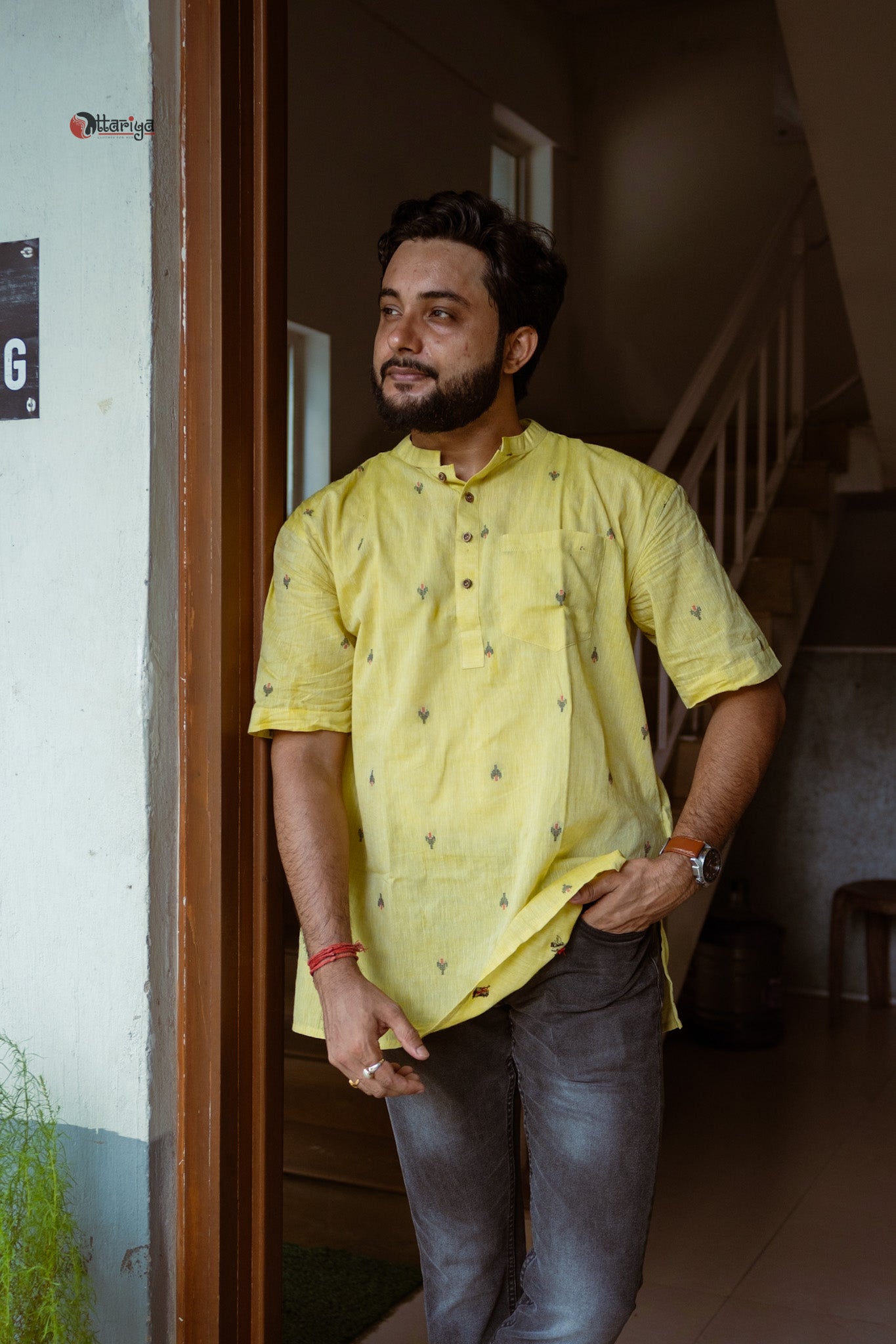 Lime short kurta in Jamdani