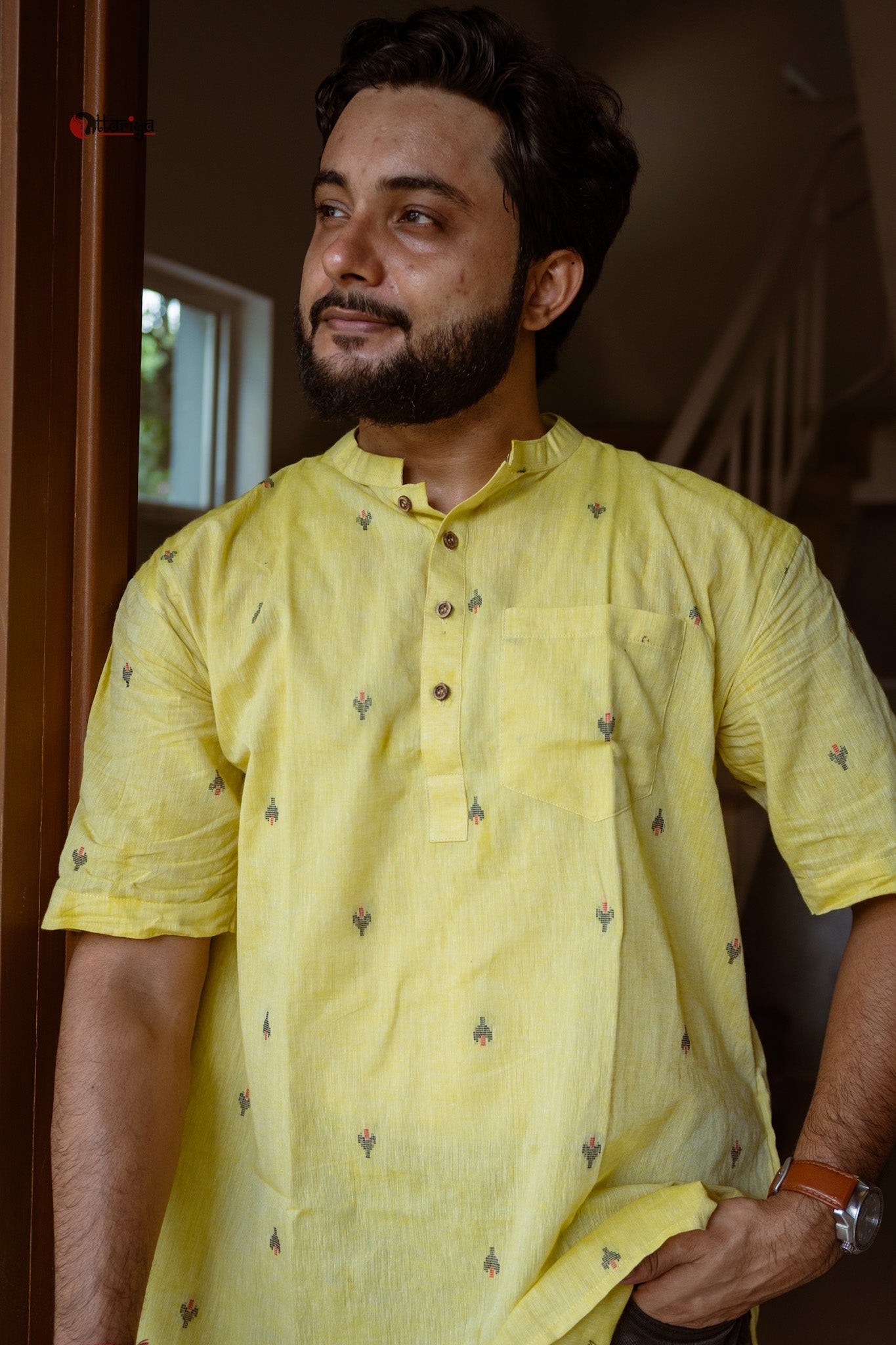 Lime short kurta in Jamdani