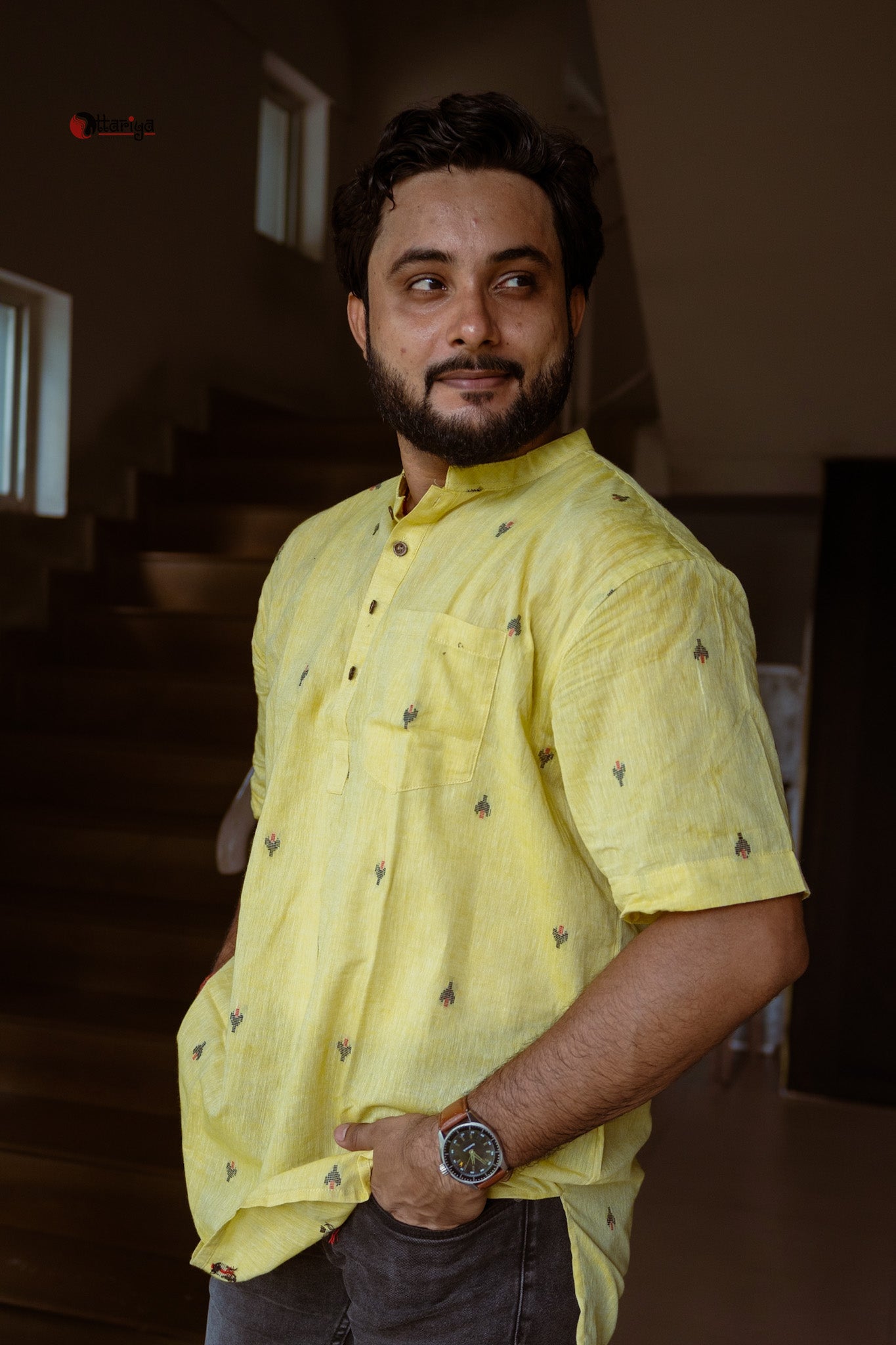Lime short kurta in Jamdani