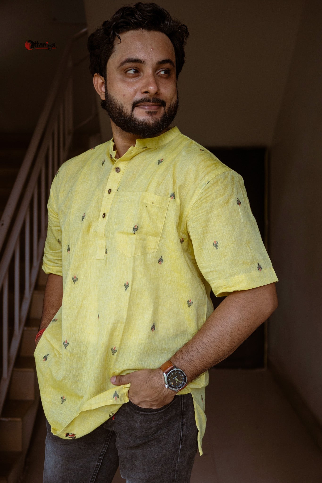 Lime short kurta in Jamdani