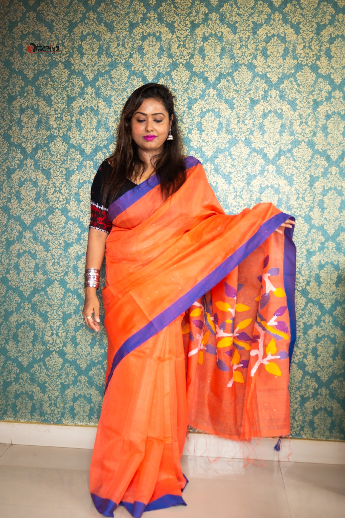 Carrot bird Jamdani saree