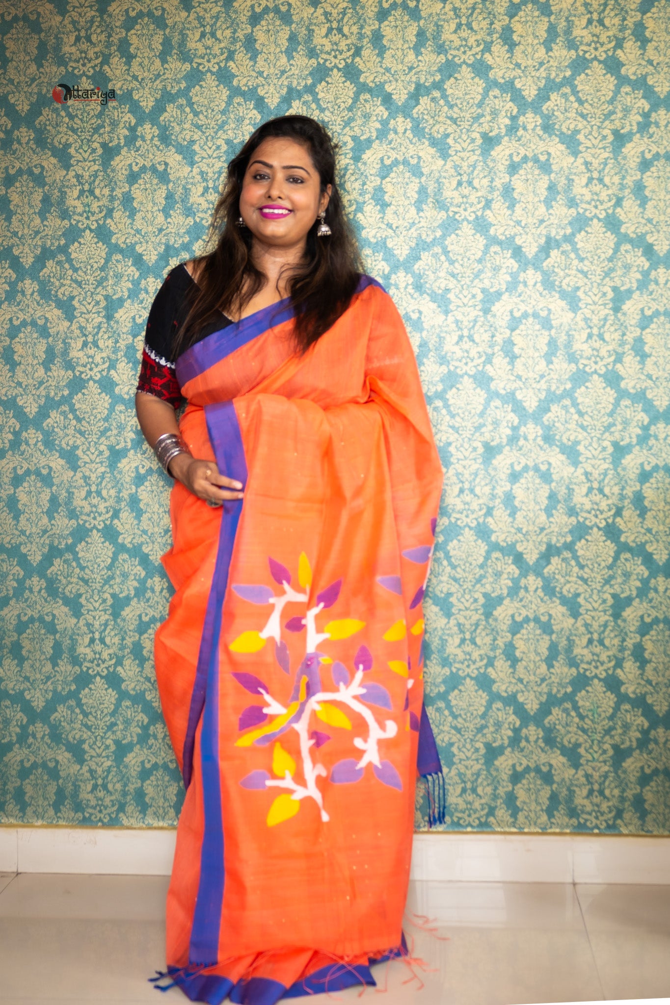 Carrot bird Jamdani saree