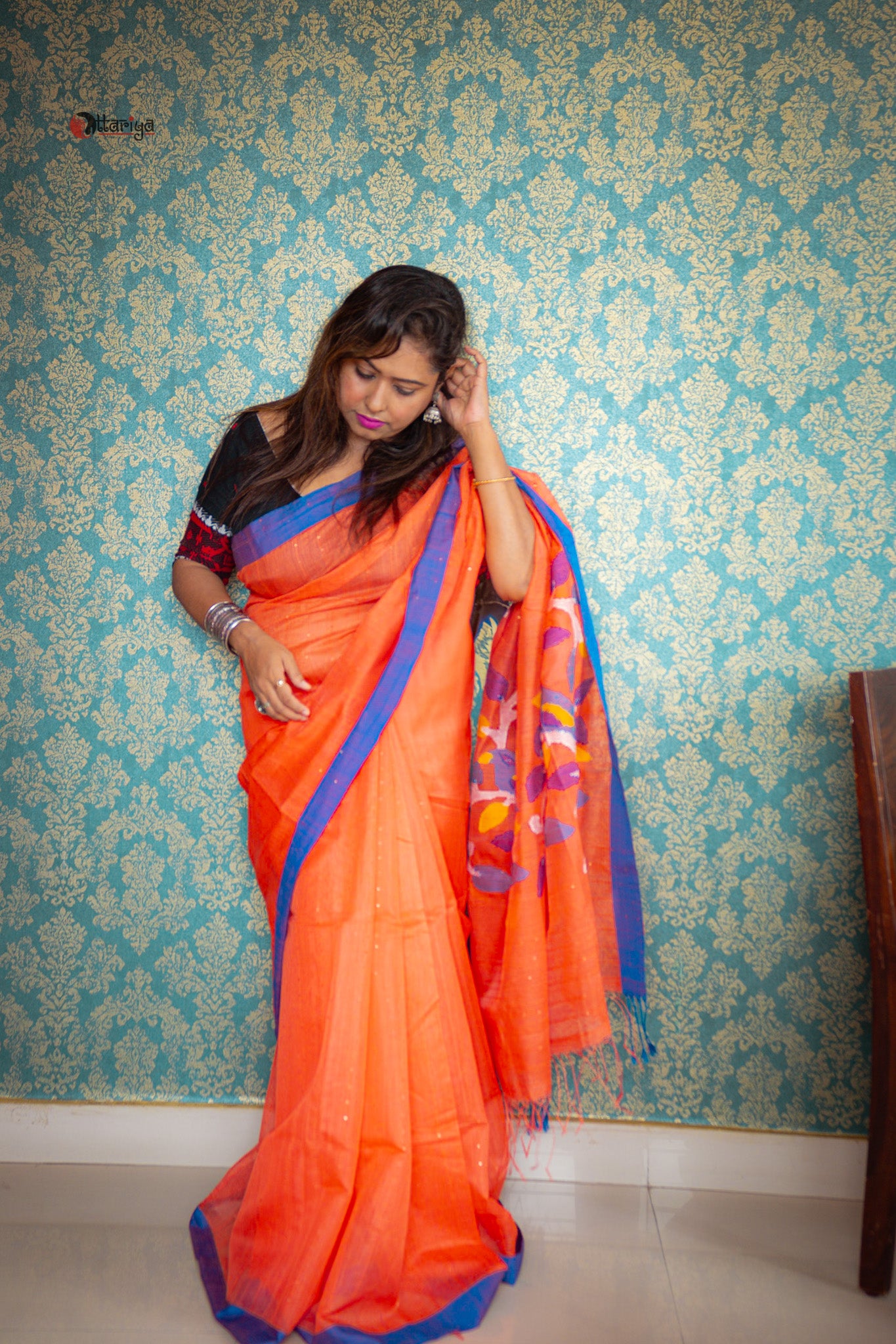 Carrot bird Jamdani saree